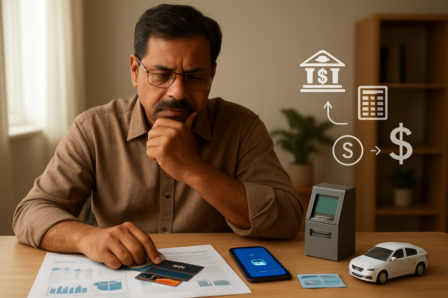 Create a realistic image of an Indian middle-aged male sitting at a modern desk with financial documents, credit cards, and a smartphone displaying digital payment interface, surrounded by symbolic elements including miniature ATM machine, car with FASTag device, PAN card, and banking icons, with a clean office background featuring soft natural lighting from a window, conveying a contemplative mood as the person reviews financial changes, with warm ambient lighting highlighting the organized workspace, absolutely NO text should be in the scene.