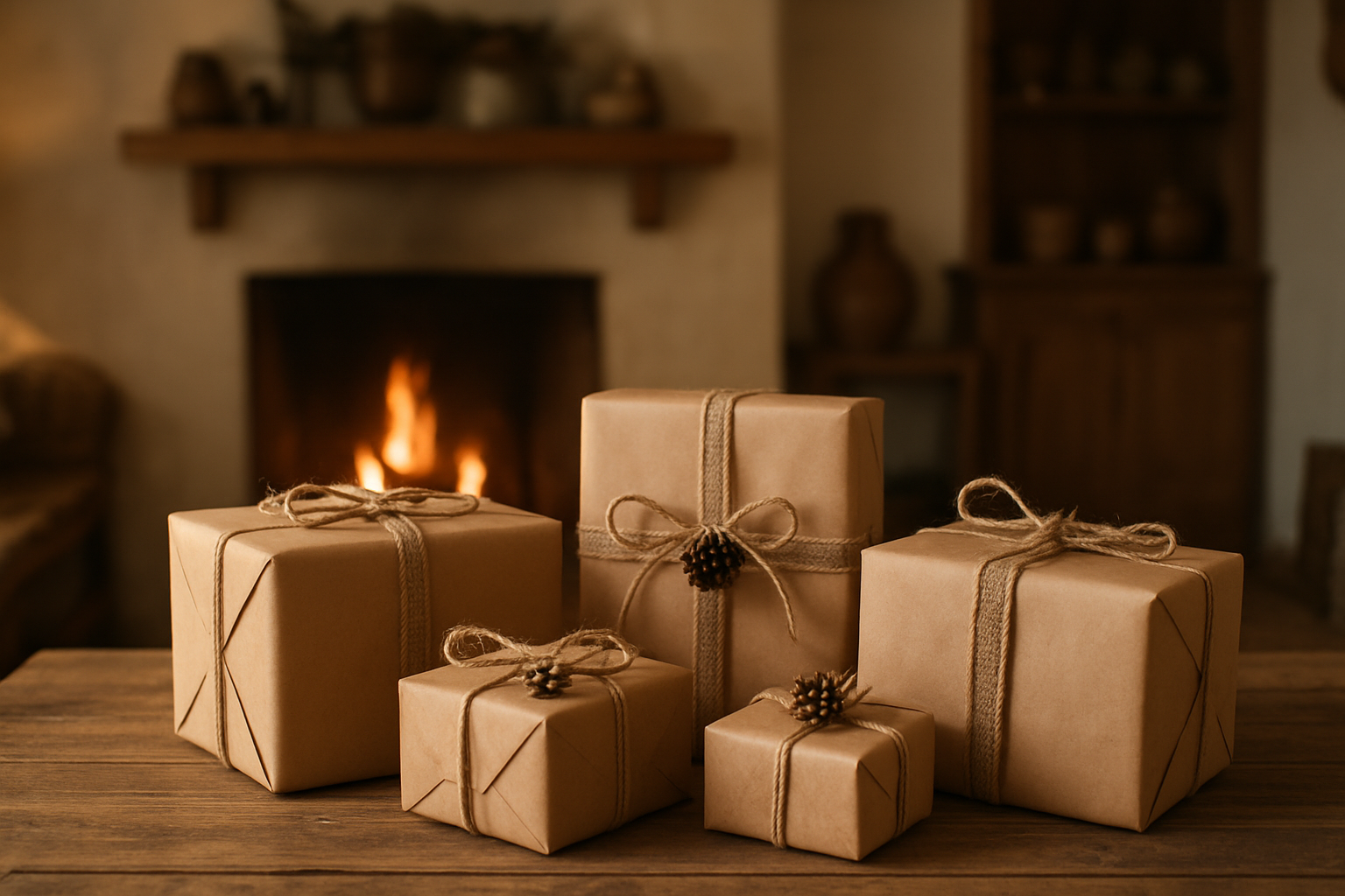 Create a realistic image of beautifully wrapped gifts arranged on a rustic wooden table in a cozy farmhouse-style room, featuring natural brown kraft paper wrapping with burlap ribbons, twine bows, and small pinecone decorations, surrounded by warm ambient lighting from a nearby fireplace, with wooden shelves and vintage decor elements in the soft-focused background, creating a welcoming rustic atmosphere that complements farmhouse interior design, absolutely NO text should be in the scene.