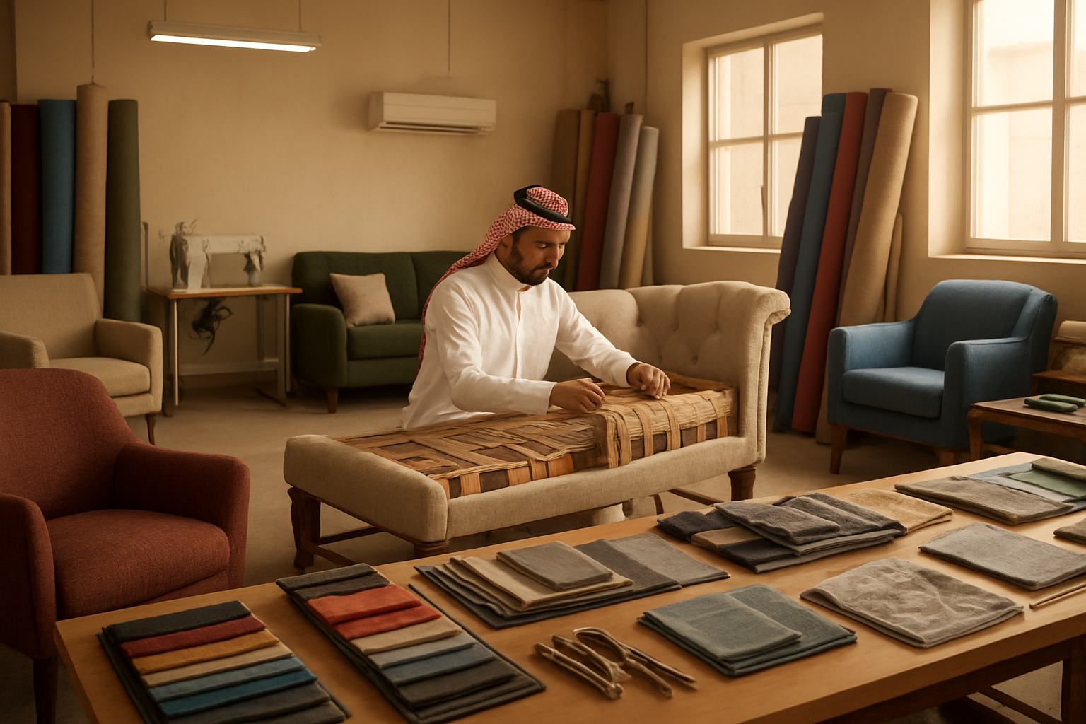 Create a realistic image of a modern upholstery workshop in Riyadh showing various types of custom tailoring services, featuring different furniture pieces including sofas, chairs, and cushions in various stages of reupholstering, with fabric samples and swatches displayed on tables, professional sewing machines and upholstery tools visible, rolls of different colored fabrics stacked against walls, a Middle Eastern male craftsman working on a sofa frame, warm workshop lighting with natural light coming through windows, clean organized workspace atmosphere, showcasing the variety of furniture customization services available, absolutely NO text should be in the scene.