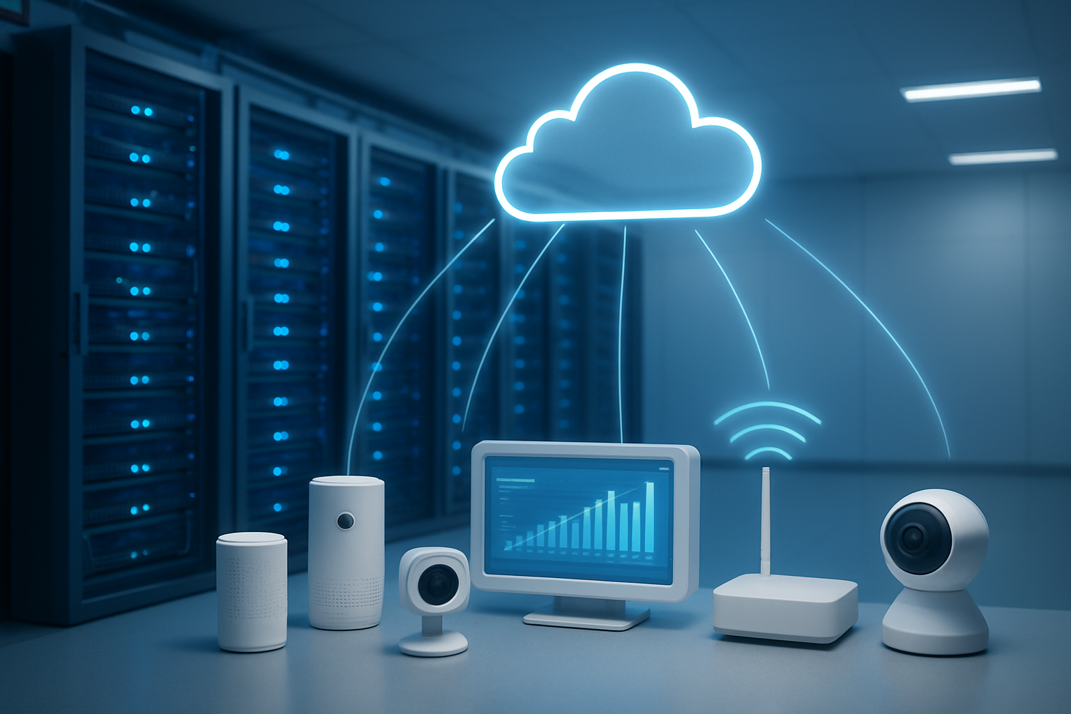 Create a realistic image of a modern data center or cloud operations room with multiple IoT devices like sensors, smart cameras, and industrial monitors being connected to a central AWS cloud infrastructure, showing sleek server racks with glowing blue LED indicators, network cables, and wireless signals represented by subtle light beams connecting various smart devices to cloud servers, featuring a clean tech environment with soft blue and white lighting that conveys efficiency and scalability, absolutely NO text should be in the scene.