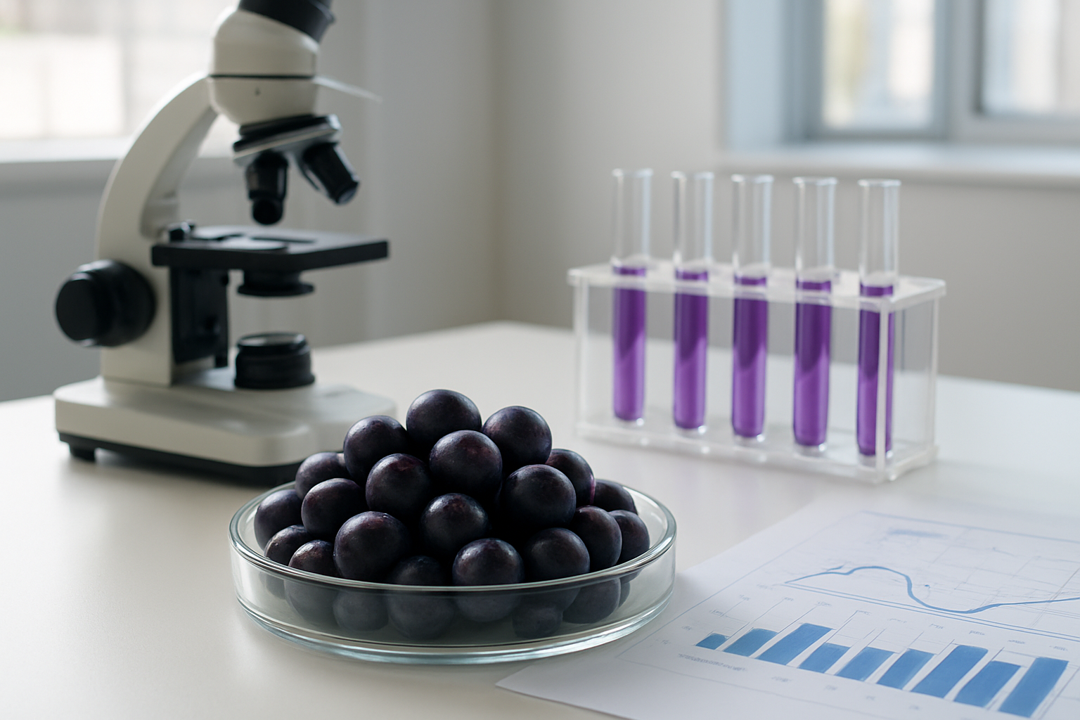 Create a realistic image of a modern scientific laboratory setting with fresh acai berries in a glass petri dish on a white laboratory table, surrounded by scientific research equipment including a microscope, test tubes with purple liquid samples, and medical charts showing health data graphs, with soft natural lighting from a window creating a clean and professional atmosphere, absolutely NO text should be in the scene.