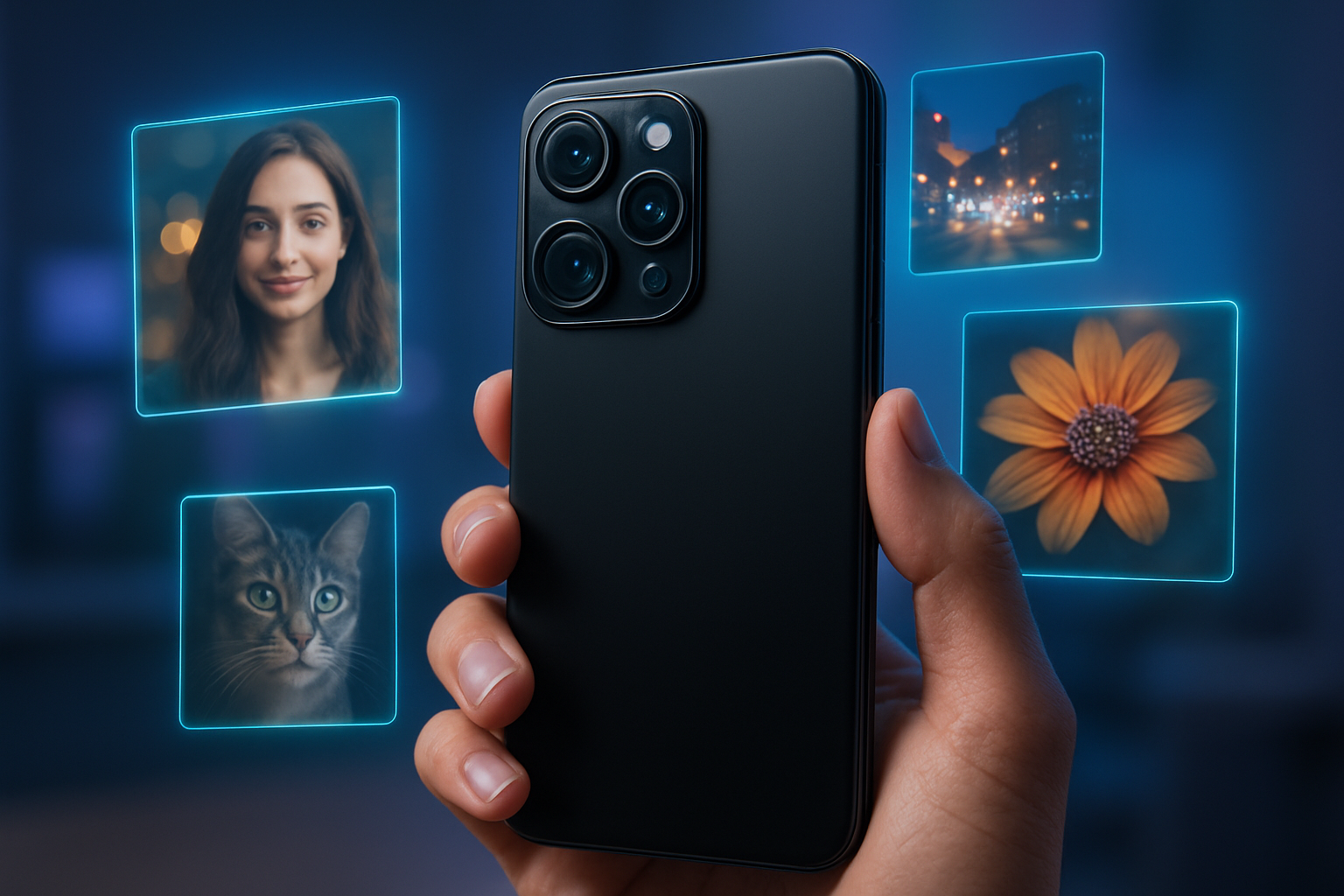 Create a realistic image of a sleek black smartphone being held in hands taking a stunning photograph, with the phone's camera module prominently featured and multiple AI-enhanced lens elements visible, surrounded by examples of professional-quality mobile photography including portrait shots with perfect bokeh, night scenes with exceptional clarity, and macro details, all displayed as floating holographic images around the device, set against a modern tech environment with soft blue and purple ambient lighting that emphasizes the advanced AI capabilities, absolutely NO text should be in the scene.