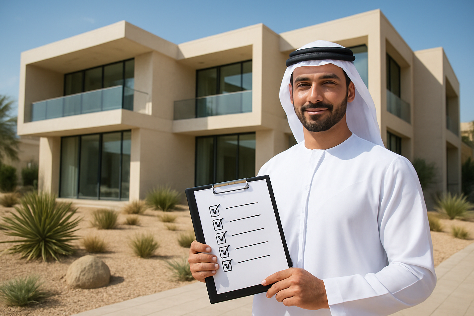 Create a realistic image of a modern UAE residential property exterior with a Middle Eastern male inspector in professional attire holding a clipboard and checklist, standing confidently in front of a contemporary villa or apartment building with glass facades and desert landscaping, bright natural daylight creating a professional and accomplished atmosphere, with architectural details like balconies and windows clearly visible, symbolizing successful property inspection completion, absolutely NO text should be in the scene.