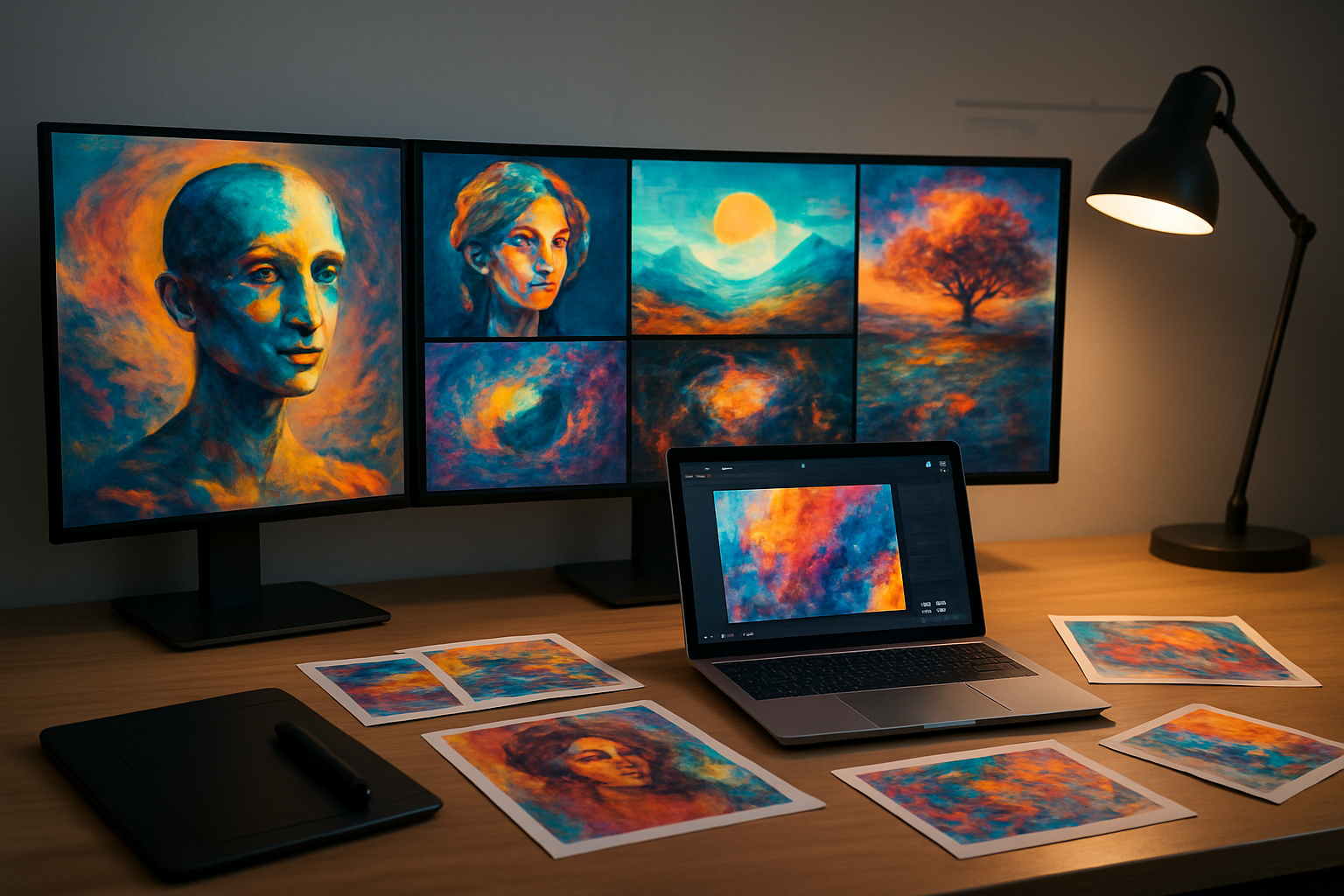 Create a realistic image of a modern computer workspace showing multiple monitors displaying various AI-generated artworks and images in different styles, with a sleek laptop open showing an AI image generation interface, digital drawing tablet on the desk, colorful AI-generated artwork samples scattered around, soft ambient lighting from a desk lamp, clean minimalist background with subtle tech elements, creative and innovative mood suggesting cutting-edge free AI tools, absolutely NO text should be in the scene.