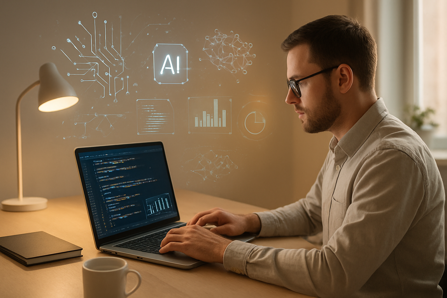 Create a realistic image of a modern workspace showing a white male professional sitting at a clean desk with an open laptop displaying code and data visualizations, while holographic-style AI interface elements and neural network patterns float subtly in the air around him, representing the seamless integration of human intelligence and artificial intelligence, with warm ambient lighting creating an innovative yet approachable atmosphere, surrounded by minimalist office elements including notebooks, a coffee cup, and soft natural light streaming through a window in the background, conveying productivity and the future of human-AI collaboration, absolutely NO text should be in the scene.