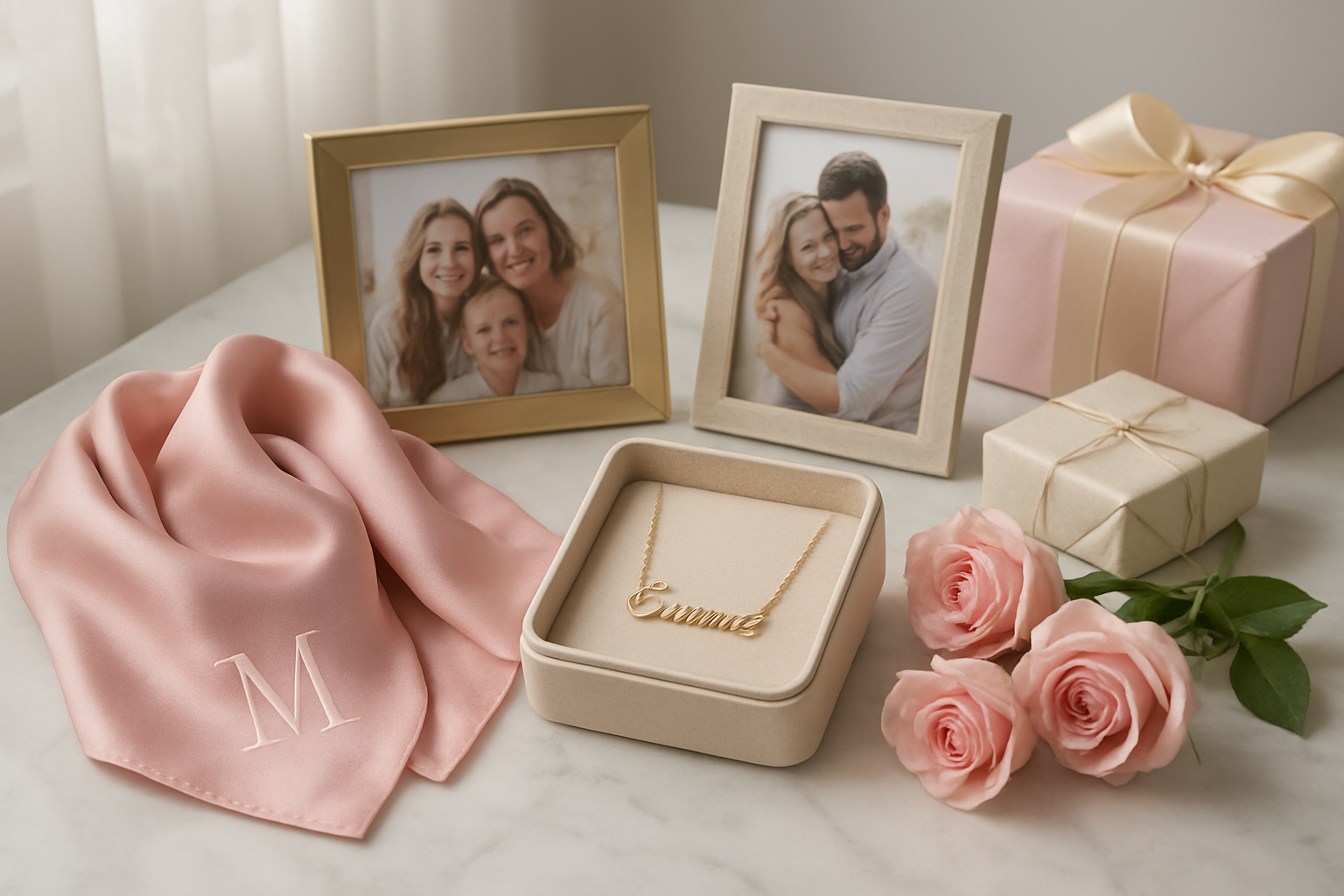 Create a realistic image of an elegant gift arrangement featuring personalized items for women including a custom jewelry box with engraved initials, a monogrammed silk scarf, personalized photo frames with family pictures, and a custom name necklace, all beautifully displayed on a white marble surface with soft natural lighting from a nearby window, surrounded by delicate pink roses and gift wrapping materials in pastel colors, creating a warm and caring atmosphere that emphasizes thoughtful personalization, absolutely NO text should be in the scene.