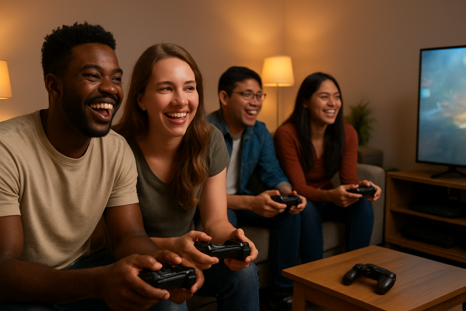 Create a realistic image of diverse young adults sitting together in a comfortable living room setting, playing video games cooperatively on a large TV screen, showing genuine smiles, laughter, and positive social interaction, with a black male and white female in the foreground holding gaming controllers, an Asian male and Hispanic female visible in the background also engaged in the gaming session, warm ambient lighting from table lamps creating a cozy atmosphere, modern furniture and gaming setup visible, conveying friendship, teamwork, and emotional connection through shared gaming experience, absolutely NO text should be in the scene.