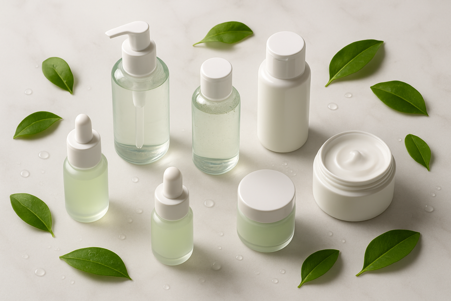 Create a realistic image of various skincare products arranged on a clean white marble countertop including face wash bottles, toners, serums, and moisturizers specifically designed for oily skin care, with soft natural lighting from the side creating gentle shadows, surrounded by fresh green leaves and water droplets for a fresh clean aesthetic, shot from above at a slight angle to show the complete collection of products in an organized spa-like setting, absolutely NO text should be in the scene.