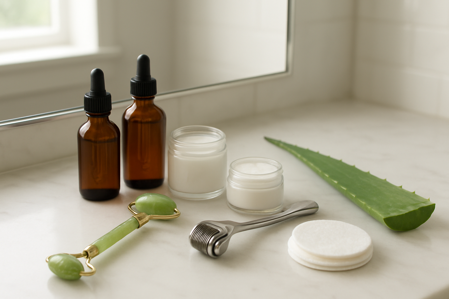 Create a realistic image of a clean, well-lit bathroom counter with various at-home acne scar treatment items neatly arranged including glass dropper bottles with serums, small jars of cream, a jade facial roller, a derma roller tool, fresh aloe vera gel, and cotton pads, with soft natural lighting from a window, white marble countertop background, and a mirror partially visible, creating a spa-like skincare routine atmosphere, absolutely NO text should be in the scene.