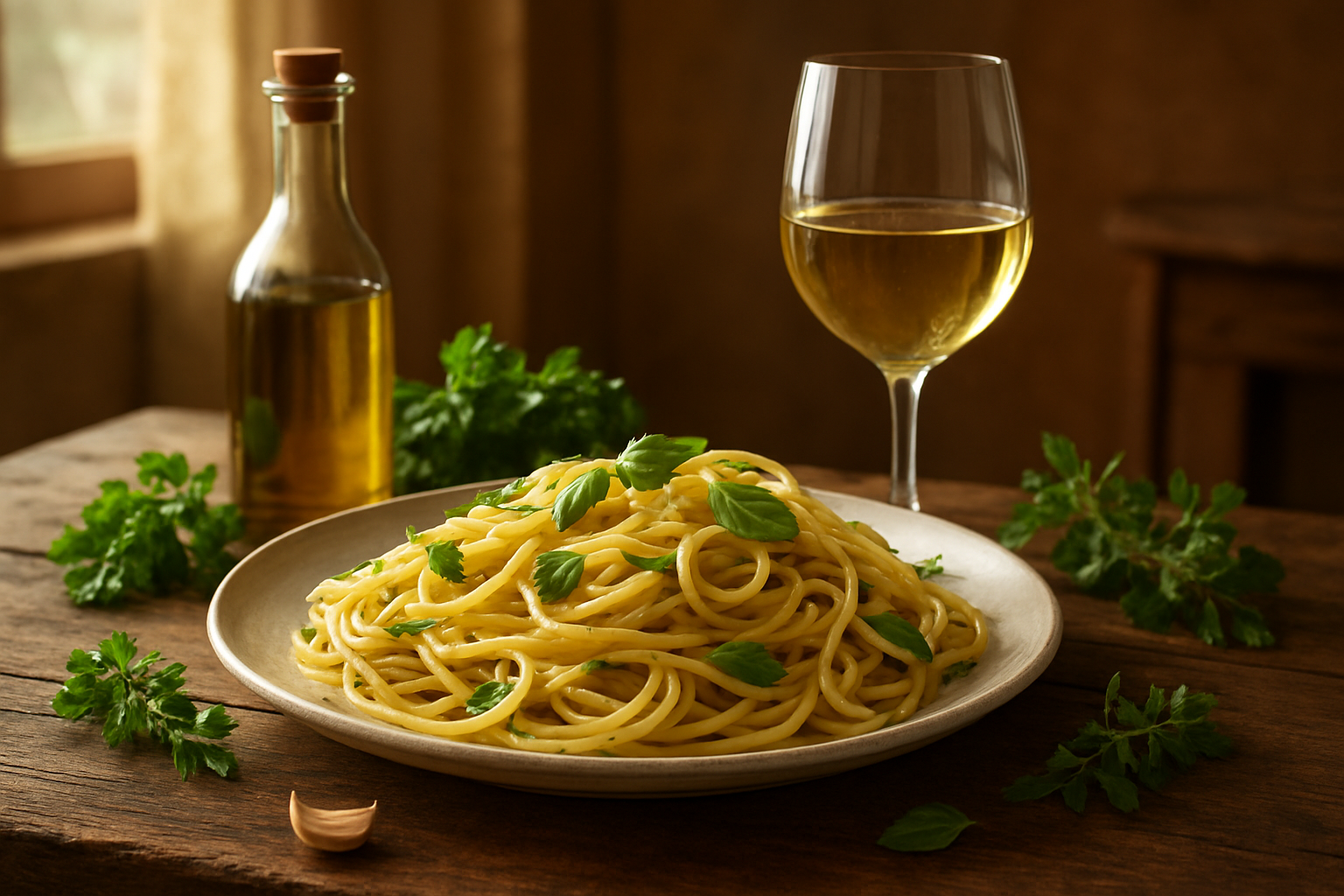 Create a realistic image of a rustic wooden dining table featuring a plate of linguine pasta tossed with olive oil, fresh basil leaves, and garlic, accompanied by a glass of white wine, with bottles of extra virgin olive oil and fresh herbs like parsley and oregano scattered around the scene, set against a warm kitchen background with soft natural lighting streaming through a window, creating an inviting and appetizing atmosphere that showcases the harmony between herb-infused pasta and wine pairing, absolutely NO text should be in the scene.