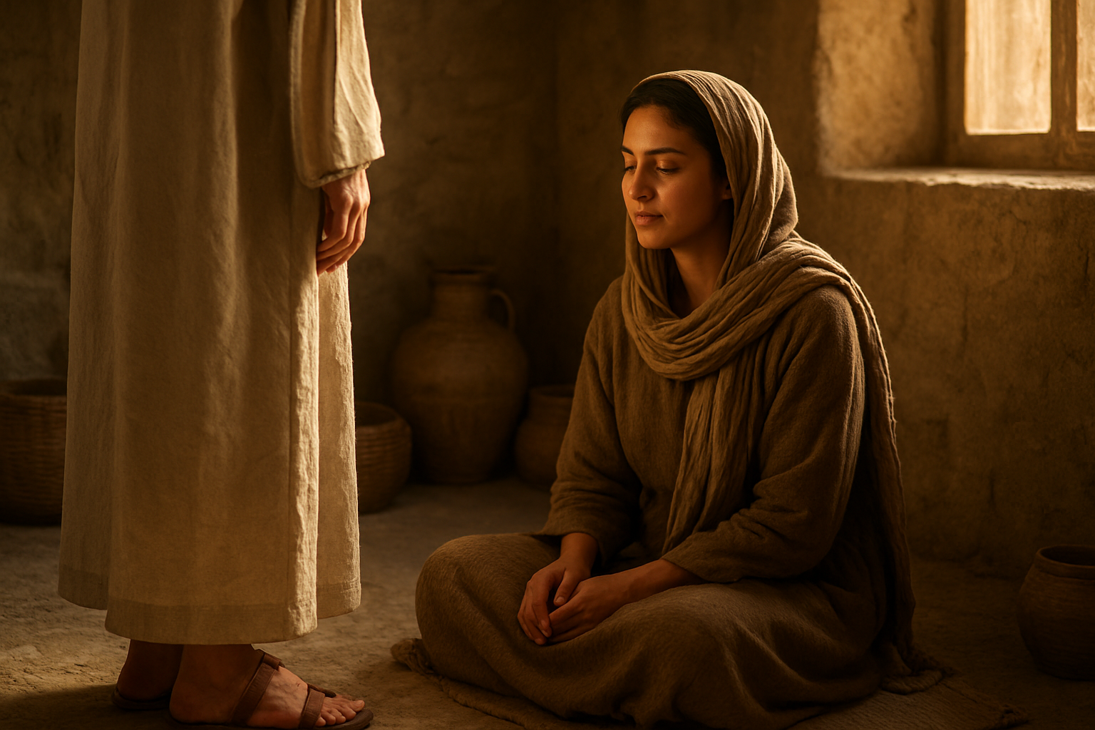 Create a realistic image of a Middle Eastern woman with olive skin sitting peacefully at the feet of a standing figure whose lower robes are visible, in a humble ancient stone home interior with warm golden sunlight streaming through a window, creating soft shadows on the floor, with simple pottery and woven baskets in the background, conveying a serene atmosphere of quiet listening and spiritual contemplation, absolutely NO text should be in the scene.