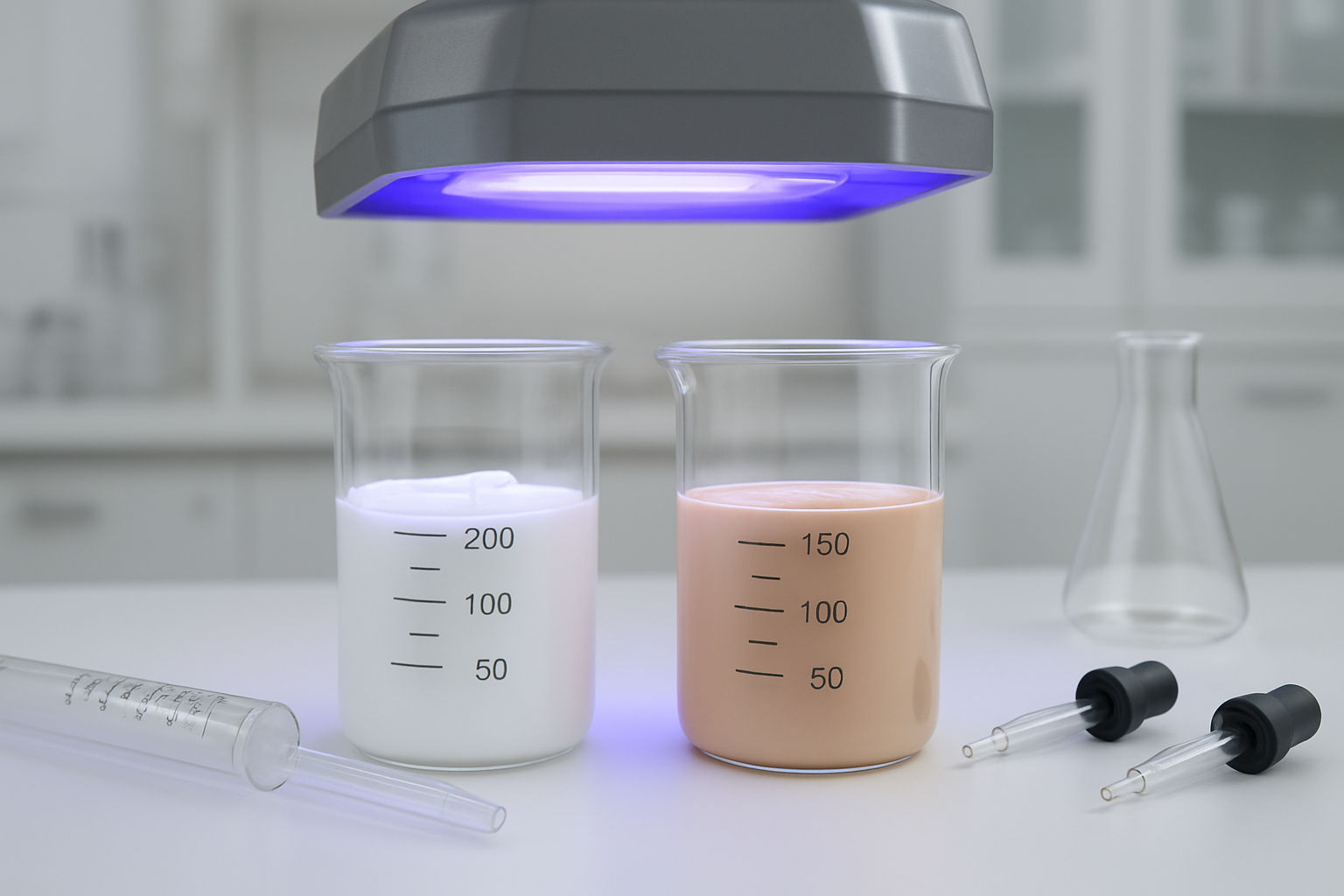 Create a realistic image of two clear glass beakers or measuring cups side by side on a clean white laboratory table, one containing white sunscreen lotion and the other containing beige liquid makeup foundation with SPF, with a UV protection testing device or UV lamp positioned above them casting purple UV light, scientific measuring tools and droppers nearby, bright clinical laboratory lighting, sterile medical research environment background, absolutely NO text should be in the scene.