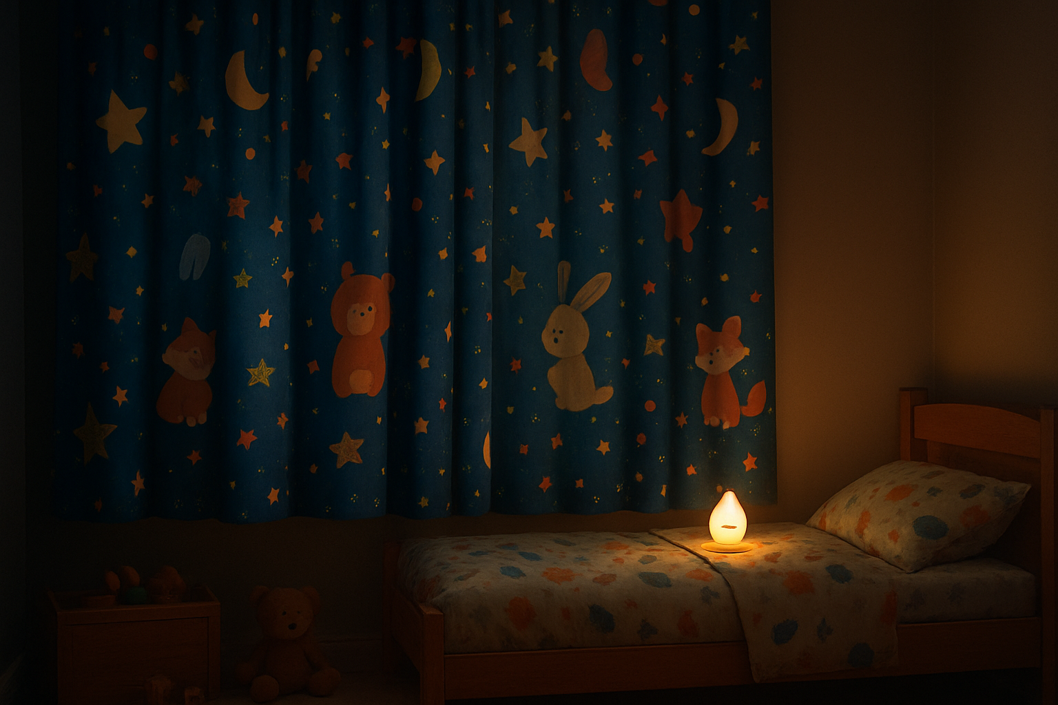 Create a realistic image of a peaceful children's bedroom at nighttime with custom-designed colorful curtains featuring playful patterns like stars, moons, and cartoon animals, the curtains are fully drawn creating a cozy dark environment, soft ambient lighting from a small nightlight casting gentle shadows, a child's bed with colorful bedding visible in the background, the room has a calm and serene atmosphere promoting restful sleep, warm wood furniture and toys scattered around, the curtains appear thick and well-fitted to the windows blocking outside light effectively, absolutely NO text should be in the scene.
