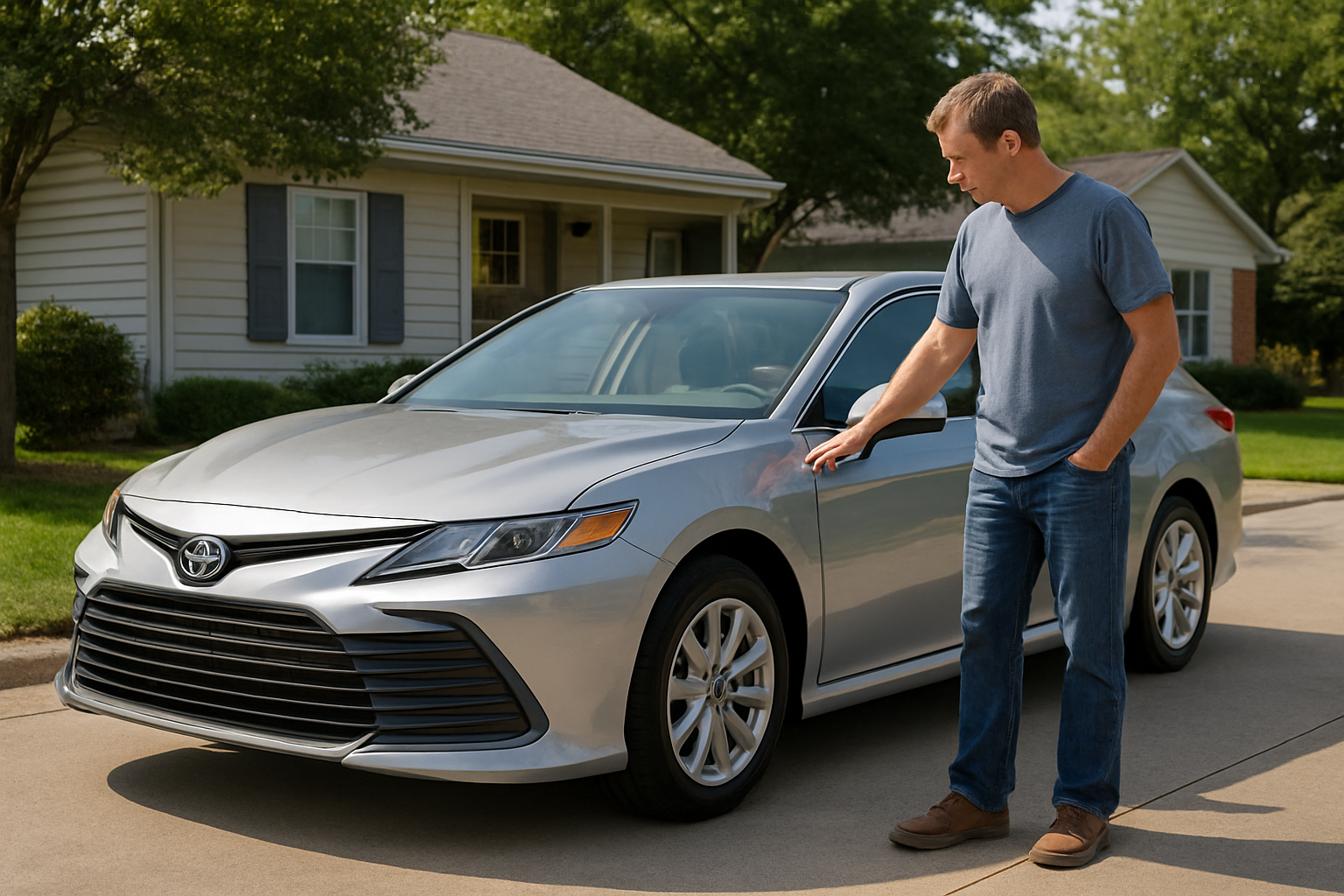 Create a realistic image of a 2025 Toyota Camry LE in pearl white or silver parked in a suburban driveway next to a modest middle-class home, with a middle-aged white male in casual clothing examining the car's exterior features, bright natural daylight illuminating the scene, clean and well-maintained residential neighborhood background with trees and manicured lawn, conveying affordability and practical family transportation, shot from a three-quarter front angle to showcase the vehicle's design and the person's interaction with it, absolutely NO text should be in the scene.