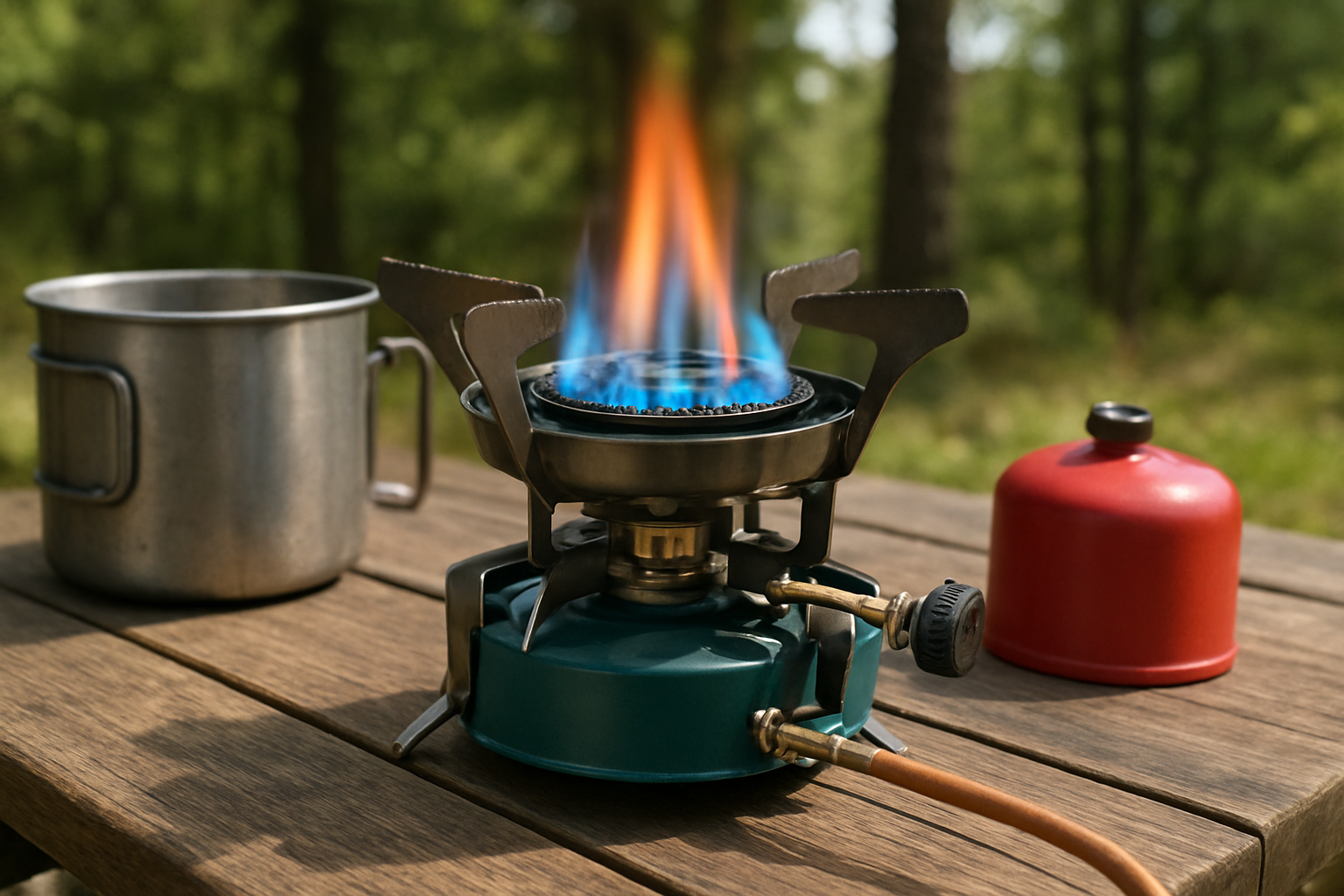 Create a realistic image of a camping stove with visible performance features being evaluated, showing the stove's burner flames in blue and orange colors, control knobs, fuel connection, and wind shield components, placed on a wooden outdoor table with camping gear like a metal pot and fuel canister nearby, set in a natural outdoor camping environment with trees in the background, bright daylight lighting that clearly shows all the technical details and features of the stove, absolutely NO text should be in the scene.