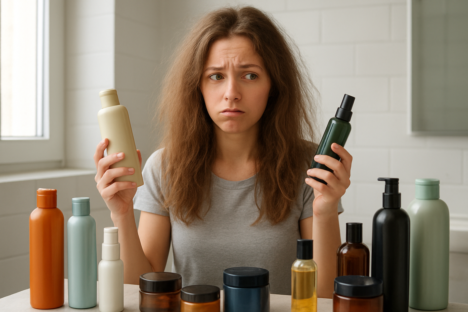 Create a realistic image of a bathroom counter cluttered with various hair care products including shampoo bottles, conditioners, hair oils, and styling products of different brands scattered around, with a confused-looking young white female standing behind the counter holding two different hair products in her hands while looking uncertain, her hair appears damaged with visible frizz and dryness, the bathroom has modern white tiles and soft natural lighting from a window, the scene conveys confusion and frustration about choosing the right hair care products, absolutely NO text should be in the scene.