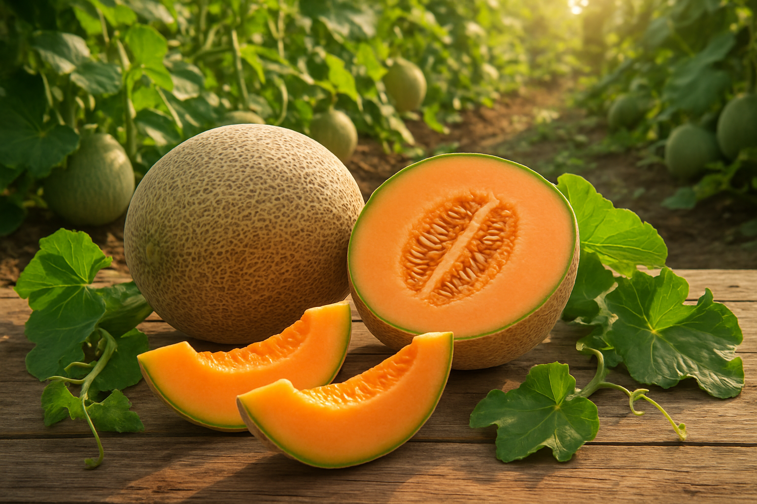 Create a realistic image of a beautiful farm-to-table scene featuring whole and sliced fresh cantaloupes with their characteristic orange flesh and netted exterior skin displayed on a rustic wooden table, surrounded by cantaloupe leaves and vines, with a sunny garden background showing cantaloupe plants growing in rich soil, warm natural lighting creating an inviting and wholesome atmosphere that captures the complete journey from growing to enjoying this nutritious melon, absolutely NO text should be in the scene.