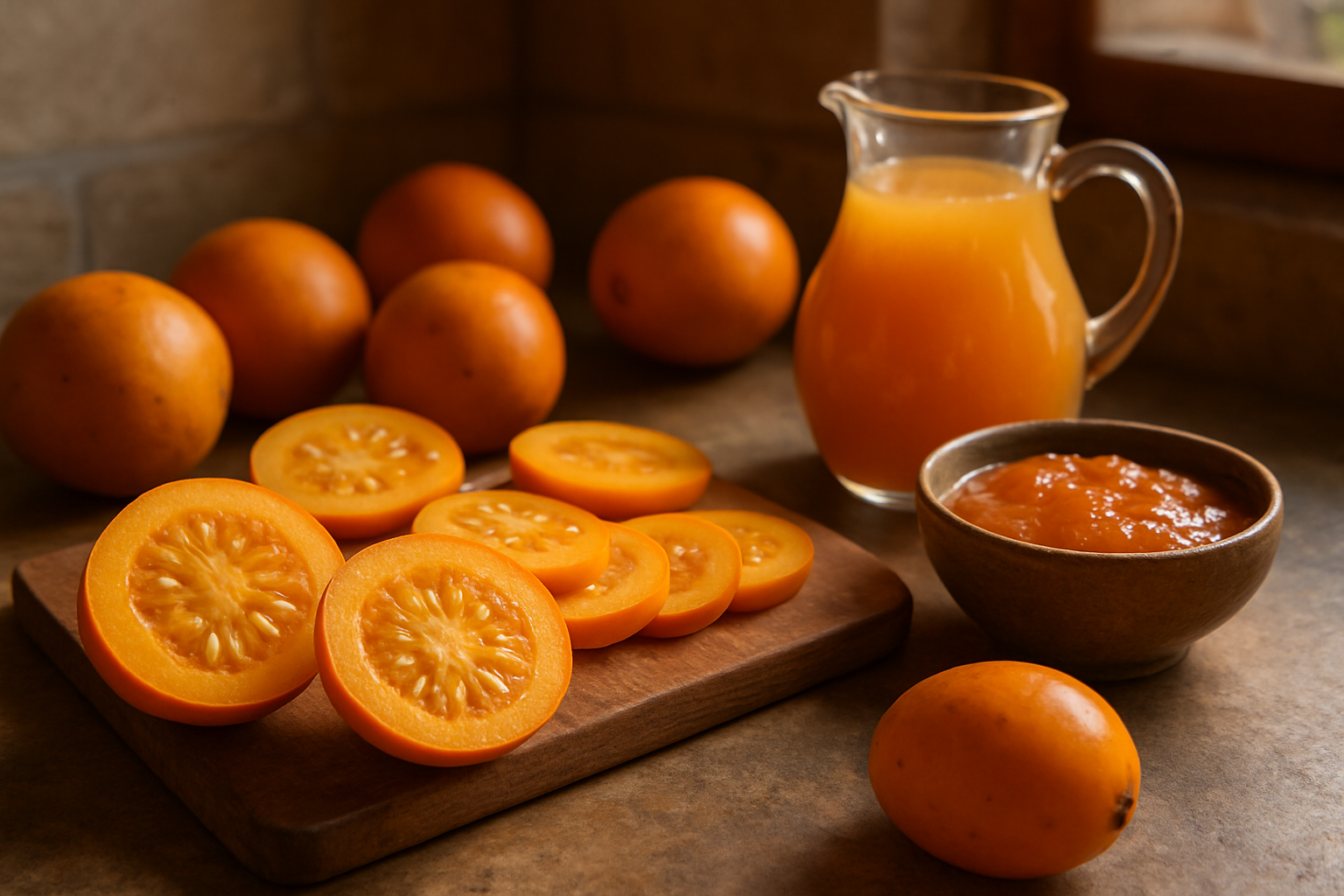 Create a realistic image of fresh cocona fruits cut in half showing their internal flesh and seeds alongside culinary preparations including sliced cocona pieces on a wooden cutting board, a bowl of cocona jam or preserve, and fresh cocona juice in a glass pitcher, with whole cocona fruits scattered around displaying their orange-yellow skin and tomato-like appearance, set on a rustic kitchen counter with warm natural lighting from a nearby window, soft shadows creating depth and texture that emphasizes the fruit's culinary potential and appetizing qualities, absolutely NO text should be in the scene.
