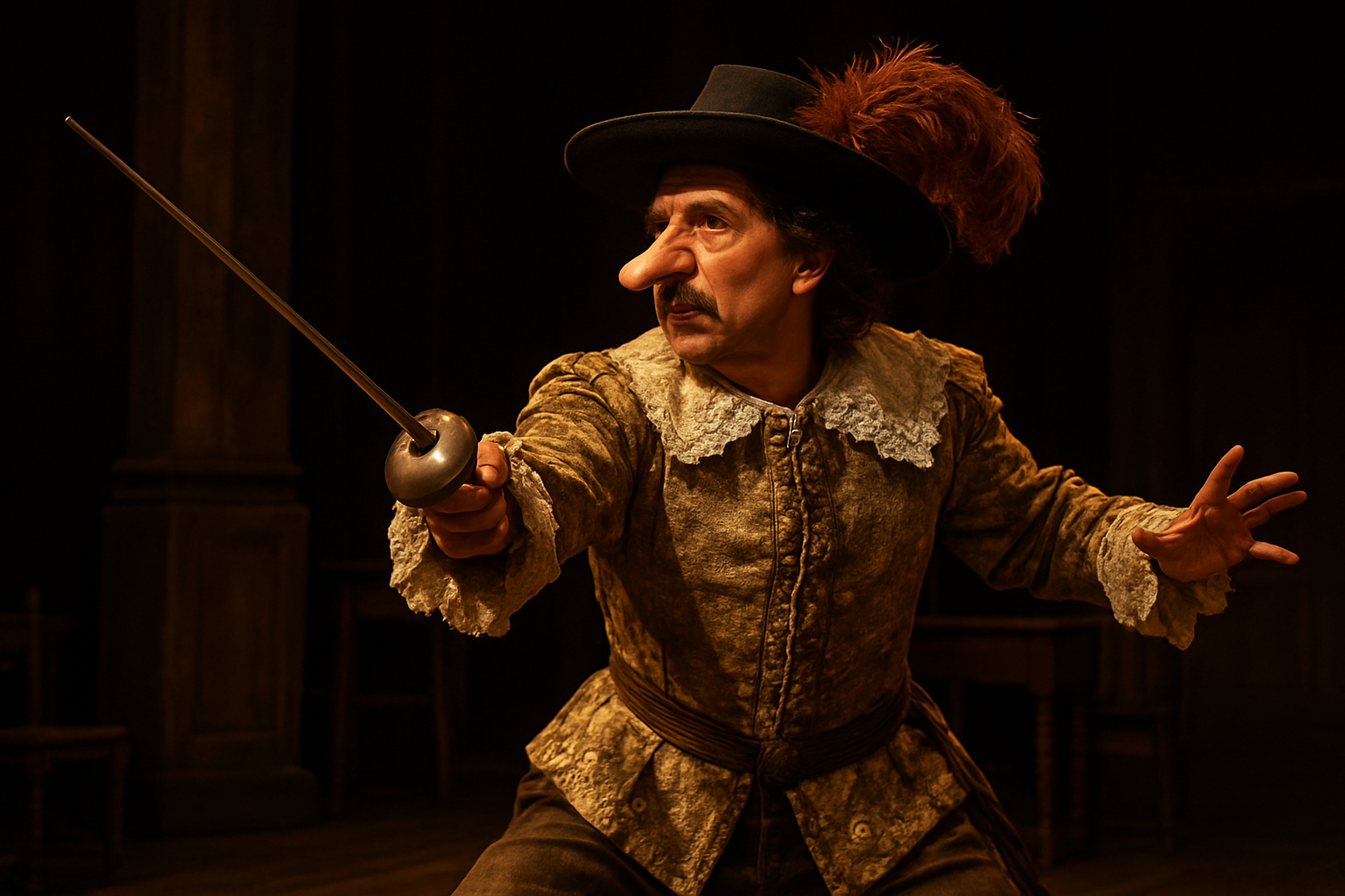 Create a realistic image of a white male actor in 17th century French costume with a prominent prosthetic nose performing on a dimly lit theater stage, wearing a plumed hat and ornate period clothing, mid-sword fighting stance with a rapier in hand, surrounded by wooden theater props and period furniture, with warm golden stage lighting creating dramatic shadows that emphasize his theatrical gestures and facial expressions, capturing the essence of dramatic performance and character portrayal in classical French theater, absolutely NO text should be in the scene.