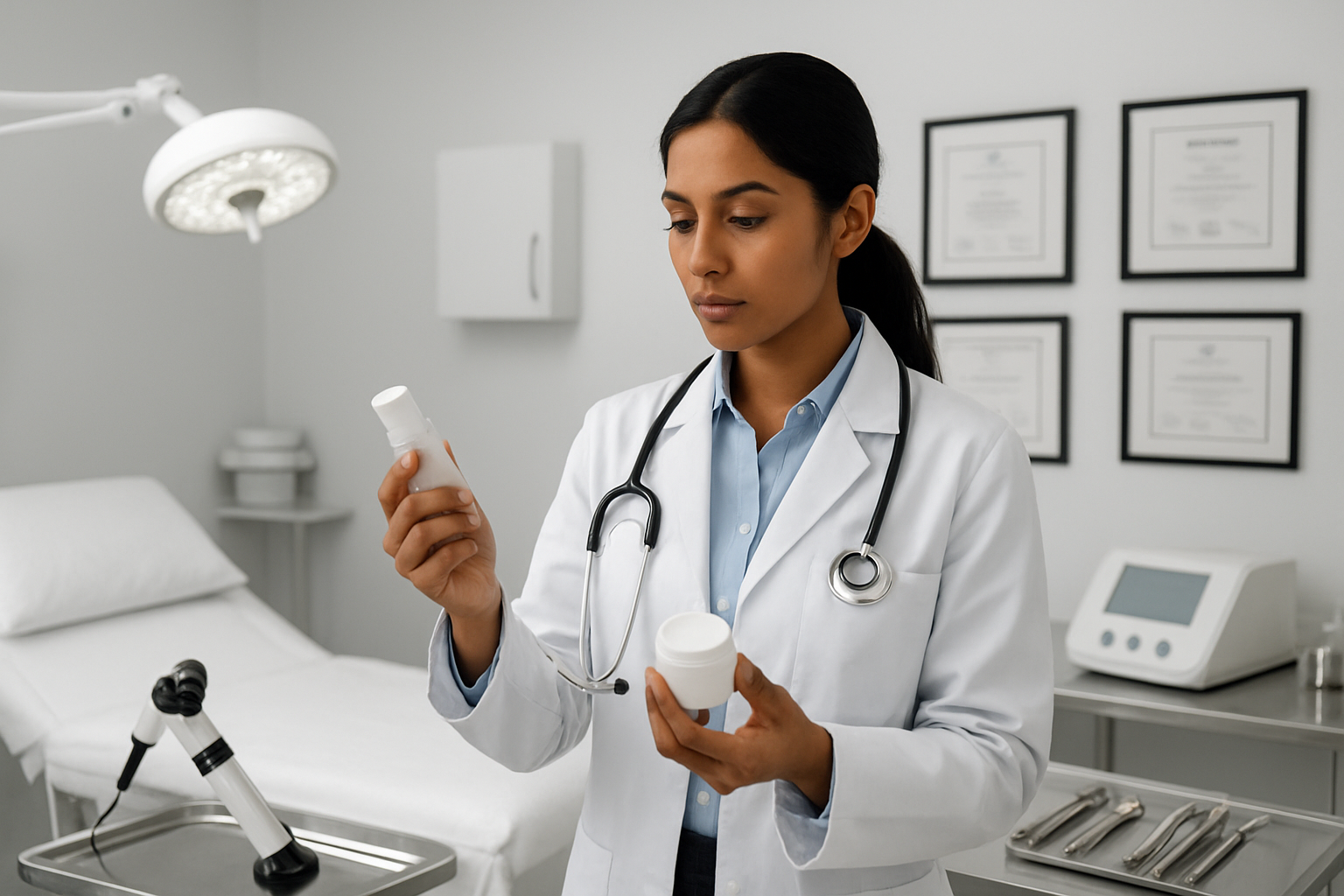 Create a realistic image of a modern Indian dermatology clinic interior showcasing professional medical standards, featuring a clean white examination room with medical equipment including dermatoscope and treatment devices, certificates and medical credentials displayed on walls, a professional Indian female doctor in white coat examining skincare products, sterile medical instruments neatly arranged on stainless steel surfaces, bright clinical lighting, and a pristine healthcare environment that conveys expertise and quality medical care. Absolutely NO text should be in the scene.