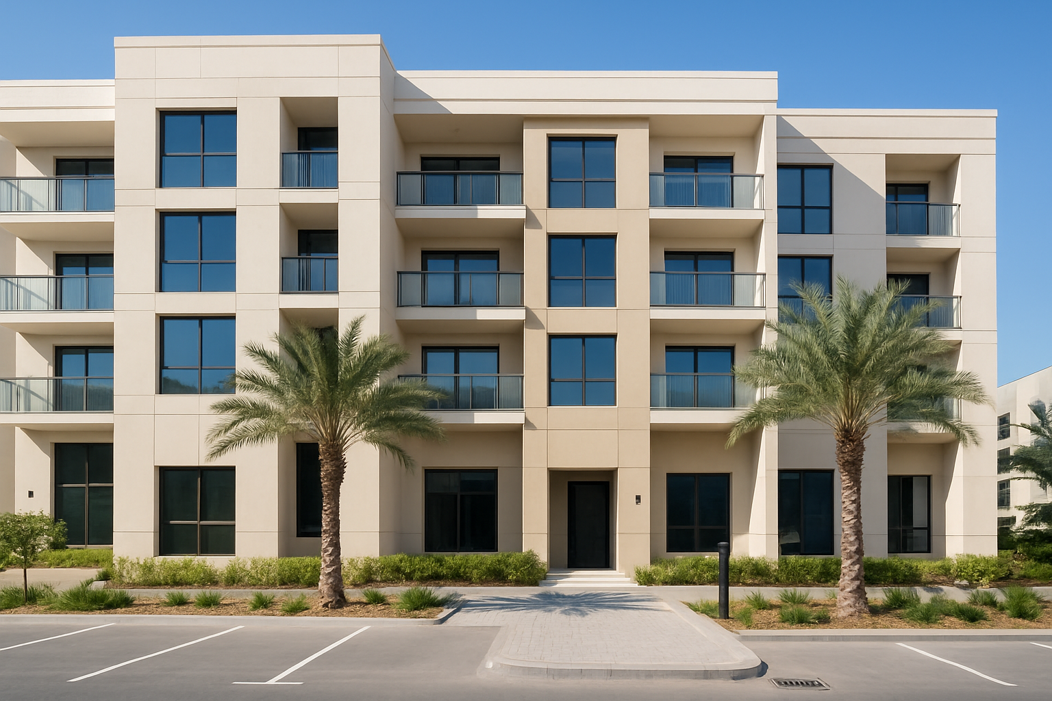 Create a realistic image of a modern UAE residential building exterior showing key inspection points including the facade with glass windows, balconies with railings, external walls with clean finishes, entrance doors, landscaped areas with palm trees, parking areas with clear markings, outdoor lighting fixtures, and drainage systems, captured during bright daylight with clear blue sky, emphasizing architectural details and construction quality typical of UAE property developments, absolutely NO text should be in the scene.