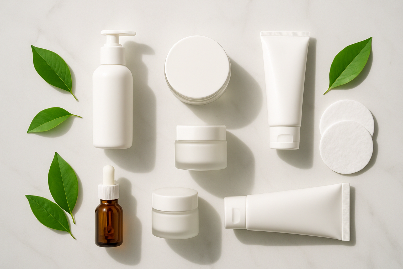 Create a realistic image of an elegant flat lay arrangement of essential daily skincare products including cleanser bottles, moisturizer jars, serum bottles, and sunscreen tubes organized neatly on a clean white marble surface with soft natural lighting from above creating gentle shadows, surrounded by fresh green leaves and cotton pads as complementary elements, shot from directly overhead with a minimalist aesthetic and bright, clean mood, absolutely NO text should be in the scene.