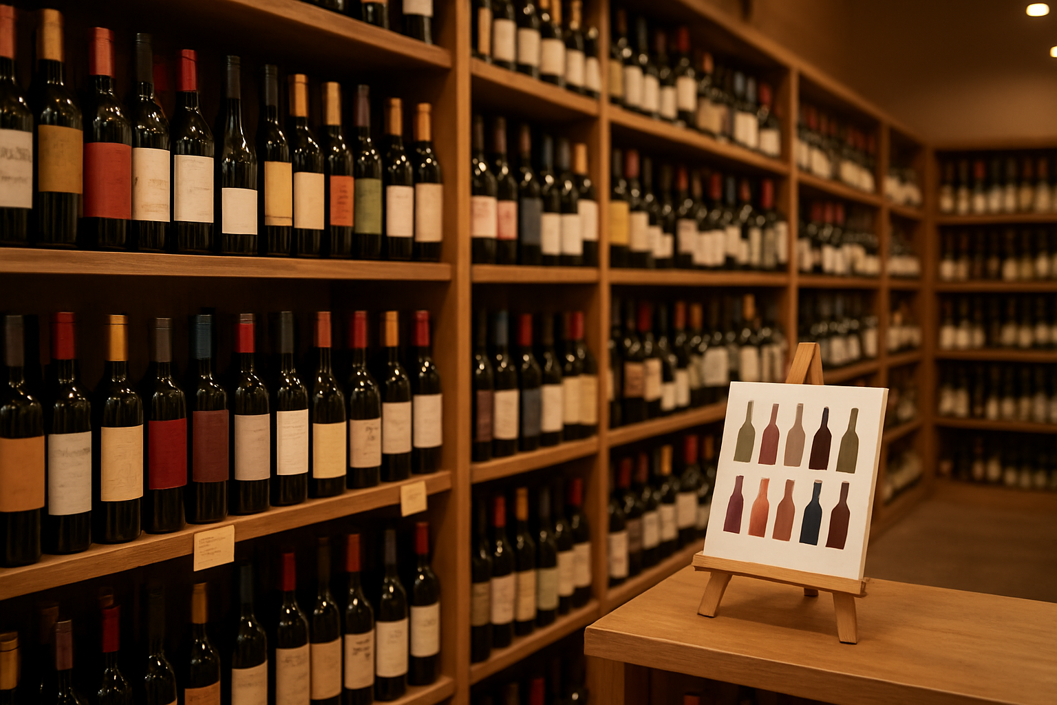 Create a realistic image of a wine store aisle with wooden shelves displaying various wine bottles with colorful labels, a simple wine selection guide or chart visible on a small easel stand, a few highlighted wine bottles with small recommendation tags, warm ambient lighting creating a welcoming atmosphere, clean organized layout suggesting an approachable wine shopping experience for beginners, soft background lighting highlighting the wine selection area, absolutely NO text should be in the scene.