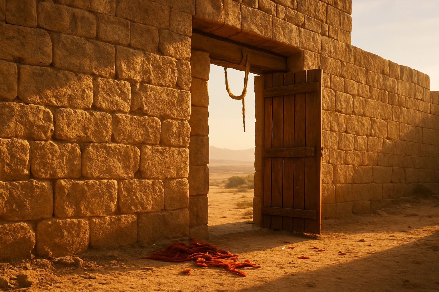 Create a realistic image of an ancient Middle Eastern city wall with warm golden sunlight casting long shadows across weathered stone blocks, featuring a partially opened wooden gate with rope hanging down from above, scattered red cord or fabric pieces near the entrance symbolizing faith and redemption, with desert landscape visible in the background and soft morning light creating a hopeful, peaceful atmosphere that conveys transformation and new beginnings, absolutely NO text should be in the scene.