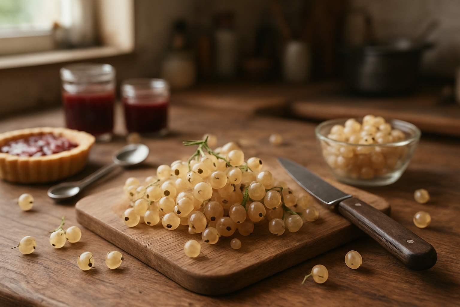 Create a realistic image of a rustic wooden kitchen counter featuring fresh white currants as the main subject, with some currants scattered loose and others in small glass bowls, alongside culinary preparation elements including a wooden cutting board, a sharp knife, measuring spoons, and partially prepared desserts like a tart or jam in small glass jars, with soft natural lighting from a nearby window creating gentle shadows, warm homey kitchen atmosphere in the background with blurred cooking utensils and ingredients, absolutely NO text should be in the scene.