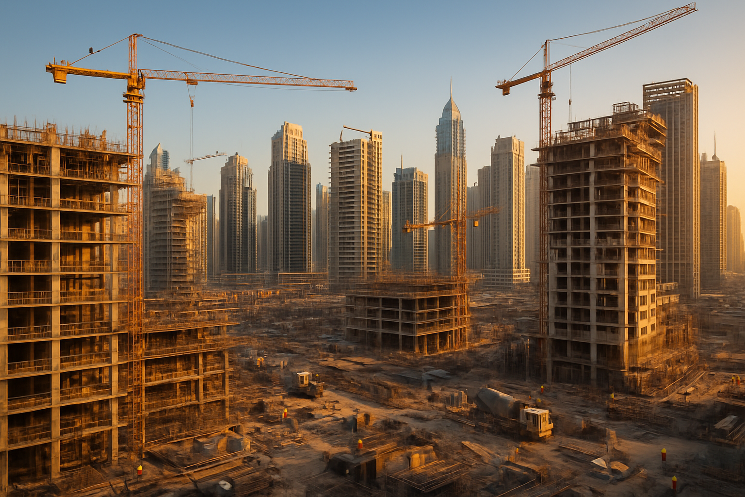 Create a realistic image of Dubai's skyline showing multiple high-rise buildings and skyscrapers under construction with visible construction cranes, scaffolding, and incomplete building facades, some buildings showing minor visible defects like uneven surfaces or color variations, construction workers wearing hard hats and safety vests working on different levels, bustling construction activity with cement mixers and building materials scattered around construction sites, warm golden hour lighting casting long shadows across the urban landscape, clear blue sky in the background, emphasizing the scale and intensity of Dubai's rapid development boom, shot from an elevated perspective to capture the magnitude of simultaneous construction projects, absolutely NO text should be in the scene.