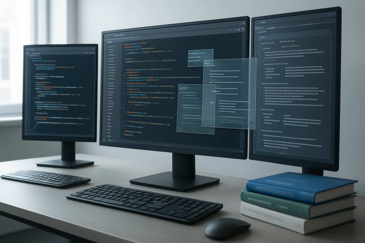 Create a realistic image of a modern software development workspace showing multiple computer monitors displaying Java code libraries and API documentation, with floating translucent interface elements and code snippets hovering above sleek keyboards, surrounded by updated programming books and reference materials, set against a clean minimalist office background with soft natural lighting from a window, conveying a sense of technological advancement and code modernization. Absolutely NO text should be in the scene.