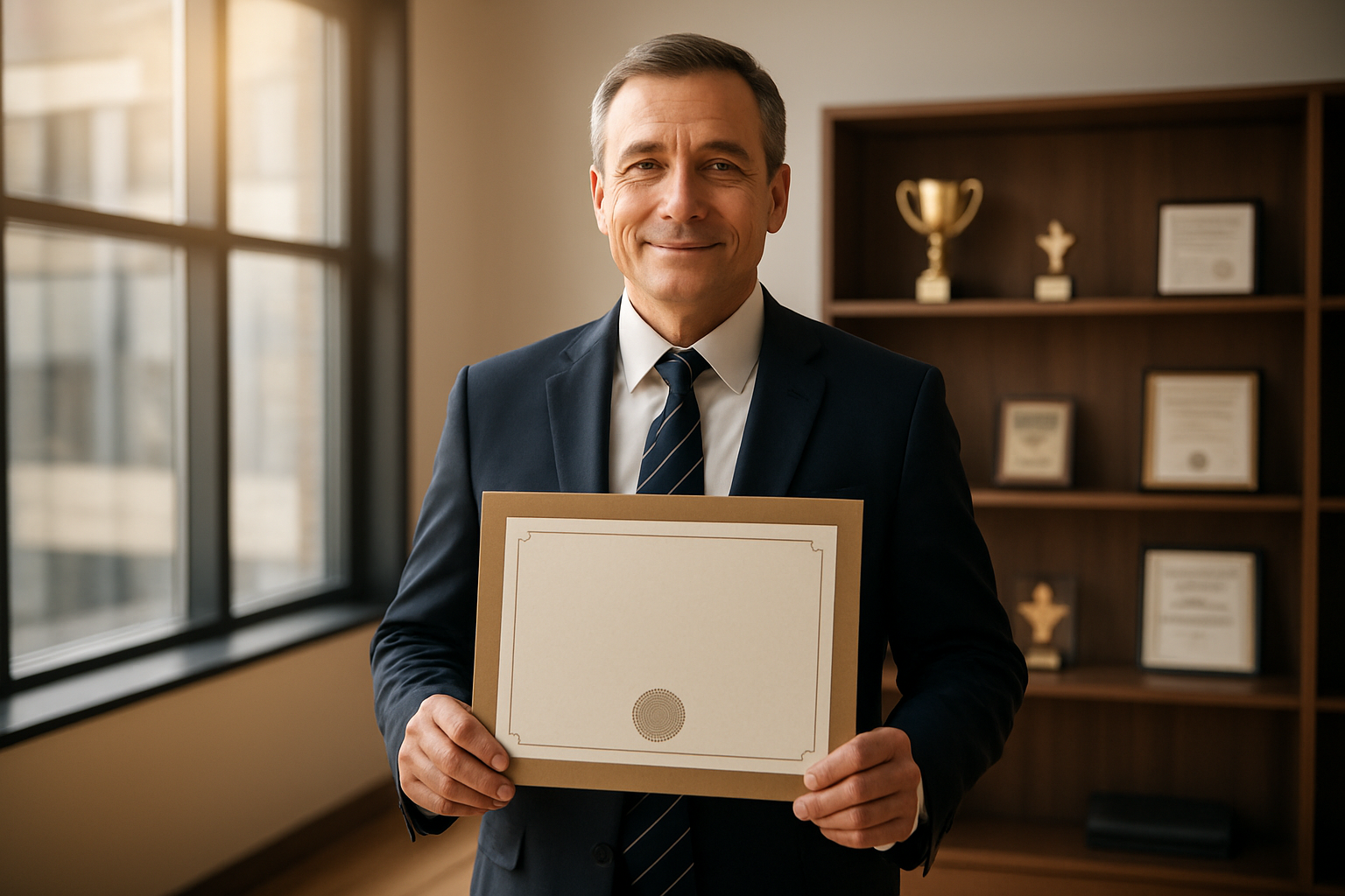 Create a realistic image of a middle-aged white male professional in a business suit standing confidently in a modern office setting, holding a diploma or certificate, with achievement awards and framed accomplishments visible on shelves in the background, warm natural lighting streaming through large windows, conveying a sense of success and personal fulfillment, absolutely NO text should be in the scene.