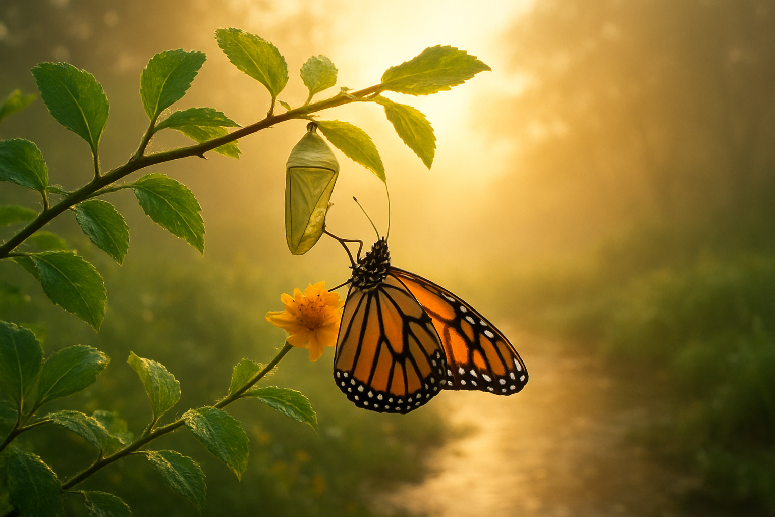 Create a realistic image of a peaceful garden scene at dawn with soft golden sunlight filtering through morning mist, featuring a butterfly emerging from its chrysalis on a blooming flower branch, surrounded by fresh green leaves and dewdrops, with a gentle stream flowing in the background reflecting the warm light, conveying a sense of rebirth and spiritual renewal through nature's transformation, shot with natural lighting that emphasizes hope and new beginnings, absolutely NO text should be in the scene.