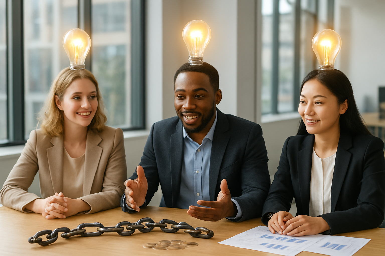 Create a realistic image of a diverse group of people including a white female, black male, and Asian female sitting around a modern wooden table with broken chain links scattered on the surface, lightbulbs glowing above their heads symbolizing new ideas, with financial documents and coins visible on the table, set in a bright contemporary office space with large windows allowing natural sunlight to stream in, creating an atmosphere of enlightenment and breakthrough, absolutely NO text should be in the scene.