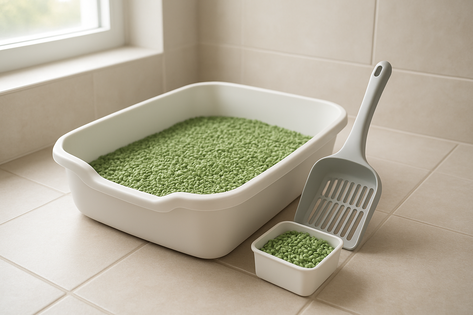 Create a realistic image of a clean, modern litter box with green eco-friendly cat litter, positioned next to a sleek scoop and a small container of fresh green litter, set on a tiled bathroom floor with soft natural lighting from a nearby window, showcasing an organized and hygienic pet care setup that emphasizes easy maintenance and convenience, with a peaceful domestic atmosphere. Absolutely NO text should be in the scene.