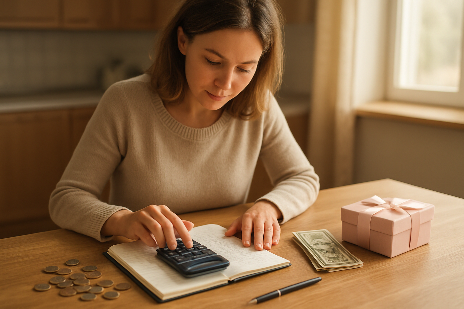 Create a realistic image of a white female adult sitting at a wooden kitchen table with a calculator, notebook with handwritten numbers, scattered coins and dollar bills, a pen, and a small gift box with ribbon in soft pastel colors, warm natural lighting from a nearby window creating a cozy domestic atmosphere, focusing on budget planning and gift preparation for a special occasion, absolutely NO text should be in the scene.
