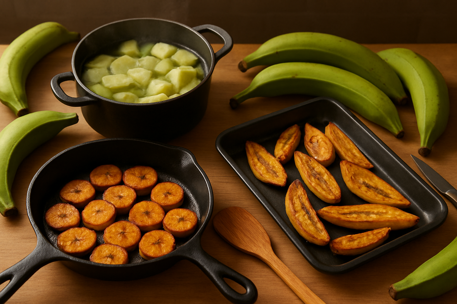 Create a realistic image of green bananas and plantains being prepared using various cooking methods, featuring a kitchen counter with a cast iron skillet containing sliced fried plantains with golden-brown edges, a pot with boiling green banana pieces, and a baking tray with roasted plantain wedges, surrounded by whole green bananas and plantains, cooking utensils like a wooden spatula and knife, with warm kitchen lighting creating an inviting culinary atmosphere, absolutely NO text should be in the scene.