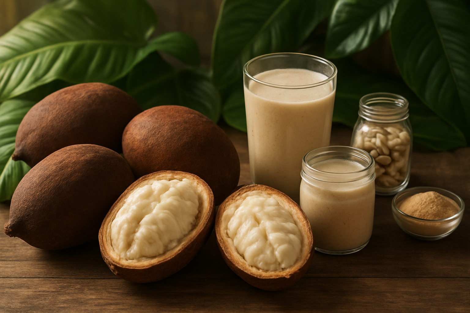 Create a realistic image of a beautiful arrangement showcasing fresh cupuacu fruits in their natural brown pod form alongside cut-open halves revealing the creamy white pulp inside, surrounded by vibrant green tropical leaves, with some processed cupuacu products like smoothies in glass containers and natural supplements visible in the background, set on a rustic wooden surface with soft natural lighting filtering through, creating a warm and inviting atmosphere that celebrates the complete journey from exotic fruit to wellness benefits, absolutely NO text should be in the scene.