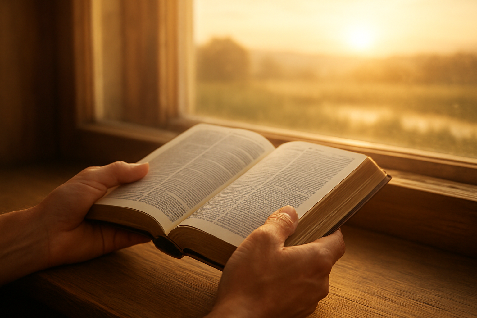 Create a realistic image of a peaceful scene showing hands gently holding an open Bible with soft golden sunlight streaming through a window, casting warm light across the pages, with a serene background featuring a calm morning landscape visible through the window, conveying a sense of tranquility and spiritual comfort that represents overcoming fear through faith, absolutely NO text should be in the scene.