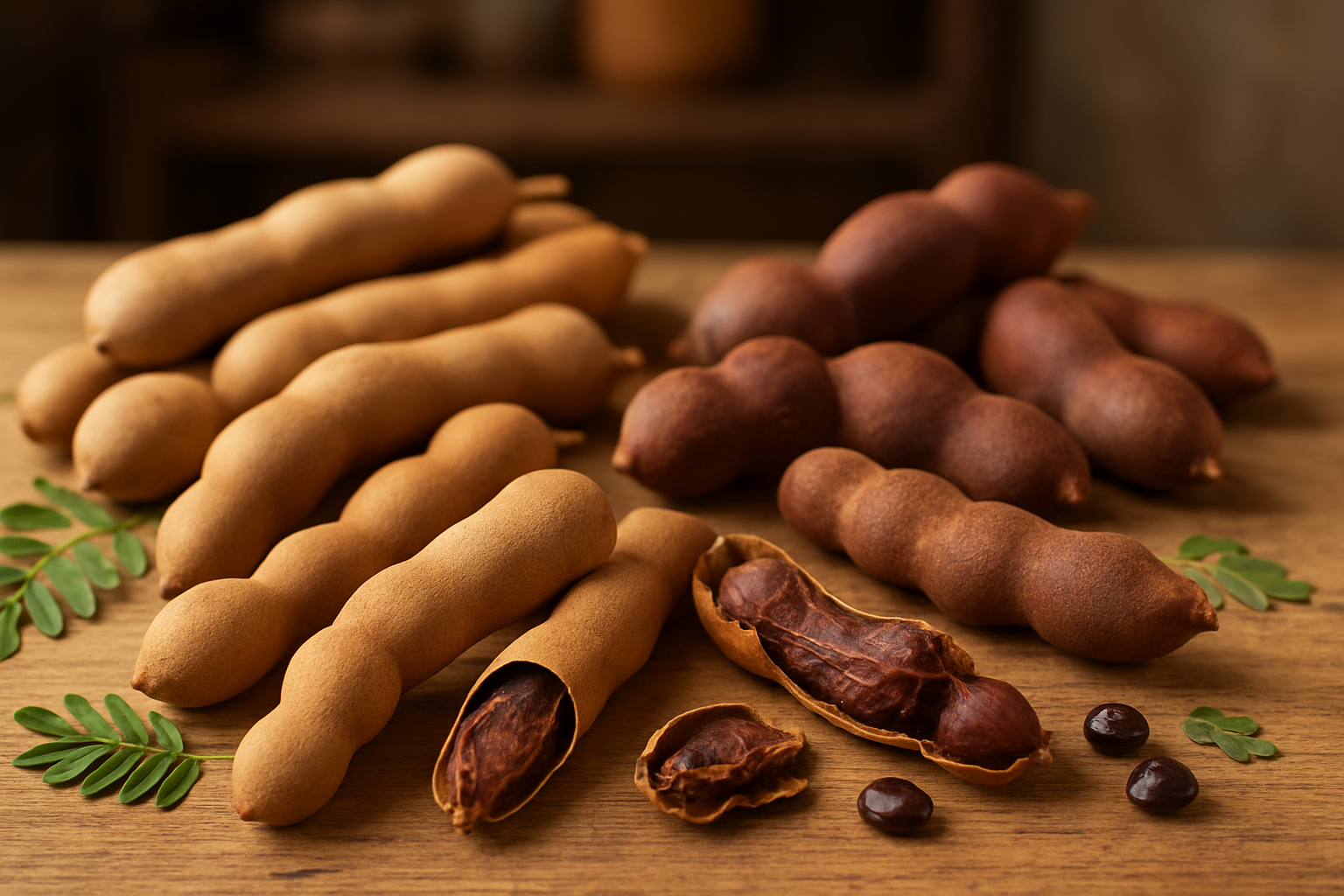 Create a realistic image of various types of tamarind pods arranged on a natural wooden surface, showing different varieties including sweet tamarinds with lighter brown curved pods, sour tamarinds with darker reddish-brown pods, and Thai tamarinds with shorter stockier pods, some pods are whole while others are cracked open revealing the dark sticky pulp and seeds inside, scattered tamarind leaves and a few loose seeds are placed around the pods, soft natural lighting creates gentle shadows, the background shows a rustic kitchen or market setting with warm earthy tones, absolutely NO text should be in the scene.