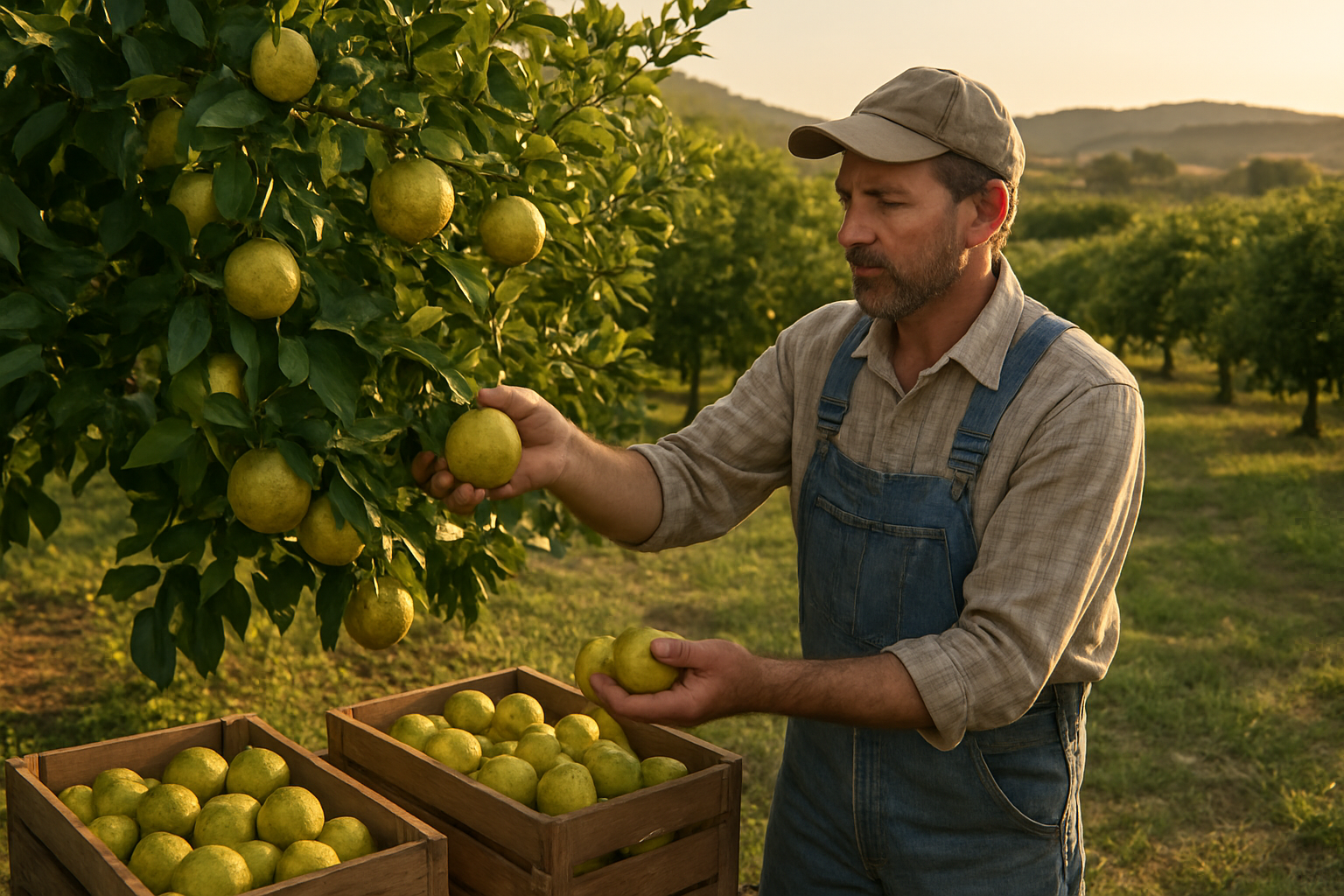 Create a realistic image of bergamot orange trees in an orchard setting with ripe yellow-green bergamot fruits hanging from branches, some fruits being carefully hand-picked by a white male farmer wearing work clothes, wooden crates filled with freshly harvested bergamot oranges placed beneath the trees, Mediterranean countryside background with rolling hills, warm golden hour lighting creating soft shadows, lush green foliage and well-maintained agricultural rows visible, peaceful farming atmosphere. Absolutely NO text should be in the scene.