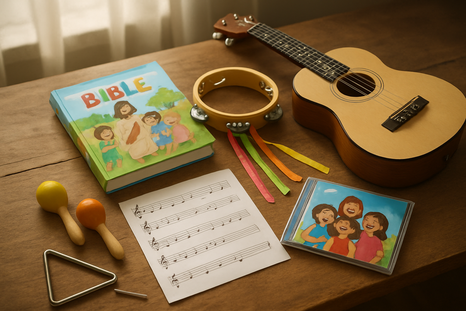 Create a realistic image of a collection of Christian music and worship gifts for children arranged on a wooden table, including a children's Bible with colorful illustrations, a small acoustic guitar, a tambourine with ribbons, sheet music with musical notes, a CD case showing a children's worship album cover, small maracas, and a triangle instrument, all surrounded by soft natural lighting from a nearby window, creating a warm and inviting atmosphere that suggests musical worship and faith-based learning for kids, absolutely NO text should be in the scene.
