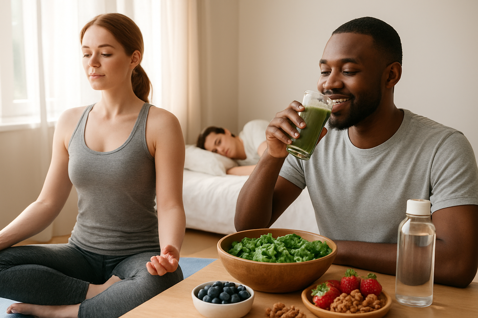 Create a realistic image of a diverse group showing healthy lifestyle habits that support hair growth, featuring a white female doing yoga on a mat, a black male drinking a green smoothie, fresh vegetables and fruits like spinach, berries, and nuts arranged on a wooden table, a water bottle, and someone sleeping peacefully in the background, all set in a bright, natural indoor environment with soft morning sunlight streaming through windows, creating a calm and wellness-focused atmosphere that emphasizes healthy living choices, absolutely NO text should be in the scene.