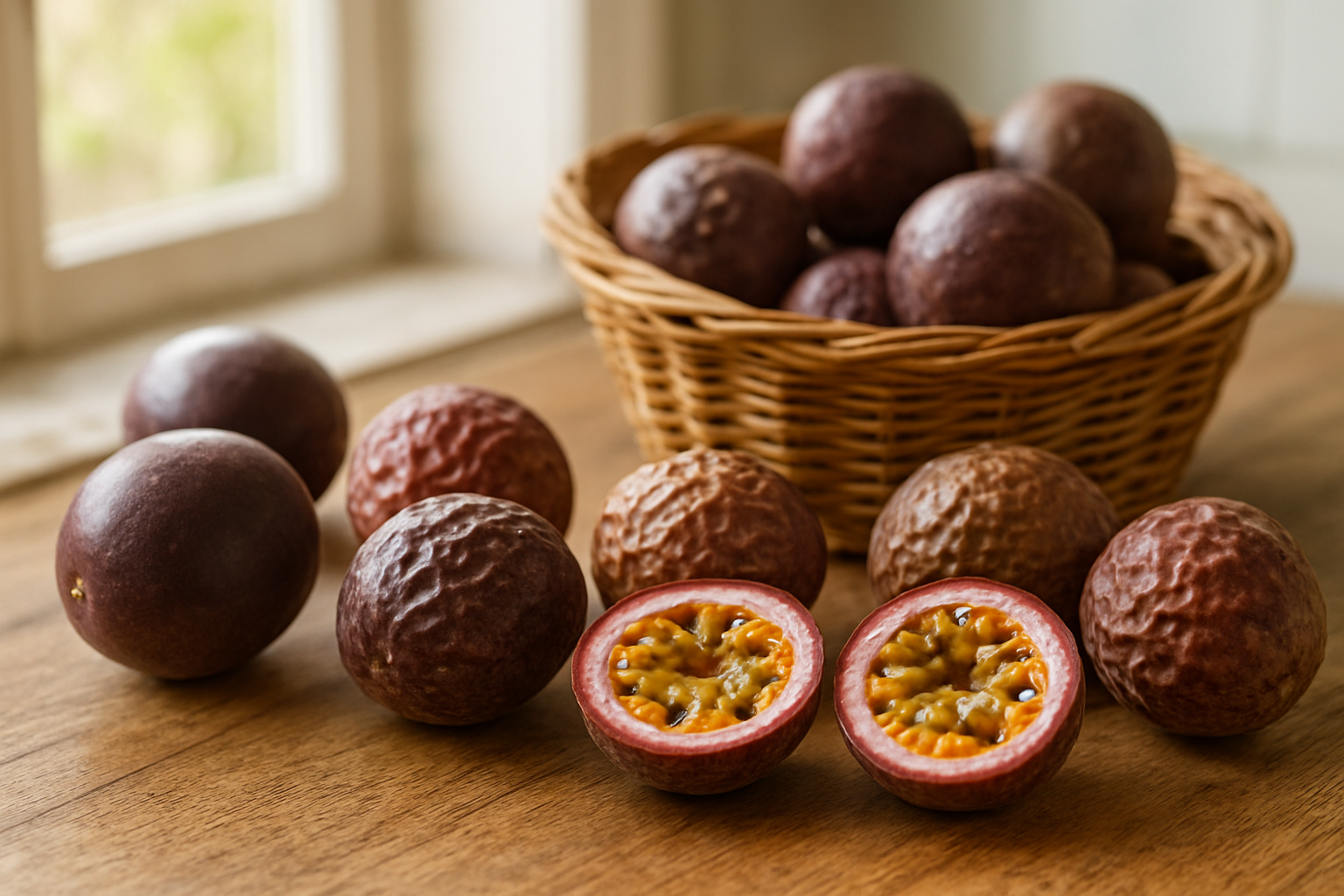 Create a realistic image of fresh passion fruits in various stages of ripeness displayed on a wooden kitchen counter, showing some with smooth purple skin and others with wrinkled skin, alongside a wicker basket containing more passion fruits, with a few cut passion fruits revealing the golden pulp and black seeds, set in a bright, naturally lit kitchen environment with soft daylight streaming through a window, creating a warm and inviting atmosphere that emphasizes the selection process of choosing quality passion fruits for storage, absolutely NO text should be in the scene.