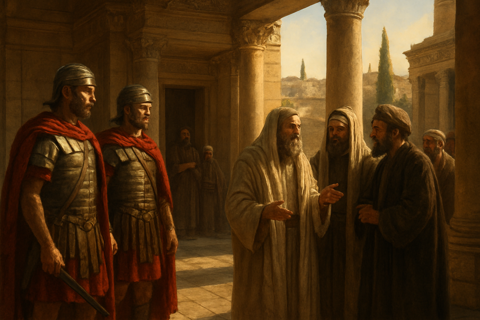 Create a realistic image of an ancient Middle Eastern courtyard scene during the first century AD, featuring Roman soldiers in metal armor and red cloaks standing near stone columns, Jewish religious leaders in traditional robes and head coverings gathered in discussion, ornate temple architecture with carved stonework in the background, warm golden sunlight casting dramatic shadows across the scene, creating a tense political atmosphere with people engaged in serious conversation and planning, Mediterranean cypress trees visible in the distance, ancient Jerusalem cityscape on hills in the background, absolutely NO text should be in the scene.