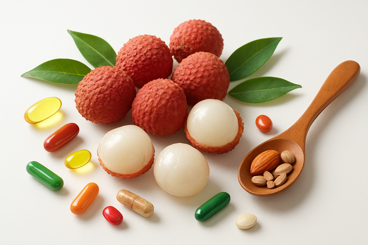 Create a realistic image of fresh lychees arranged on a clean white surface with some peeled to reveal the translucent white flesh, surrounded by colorful vitamin and mineral supplement capsules, fresh green leaves, and a wooden spoon containing small portions of nuts and seeds, with soft natural lighting from above creating gentle shadows, clean medical or kitchen background, emphasizing freshness and health benefits, absolutely NO text should be in the scene.