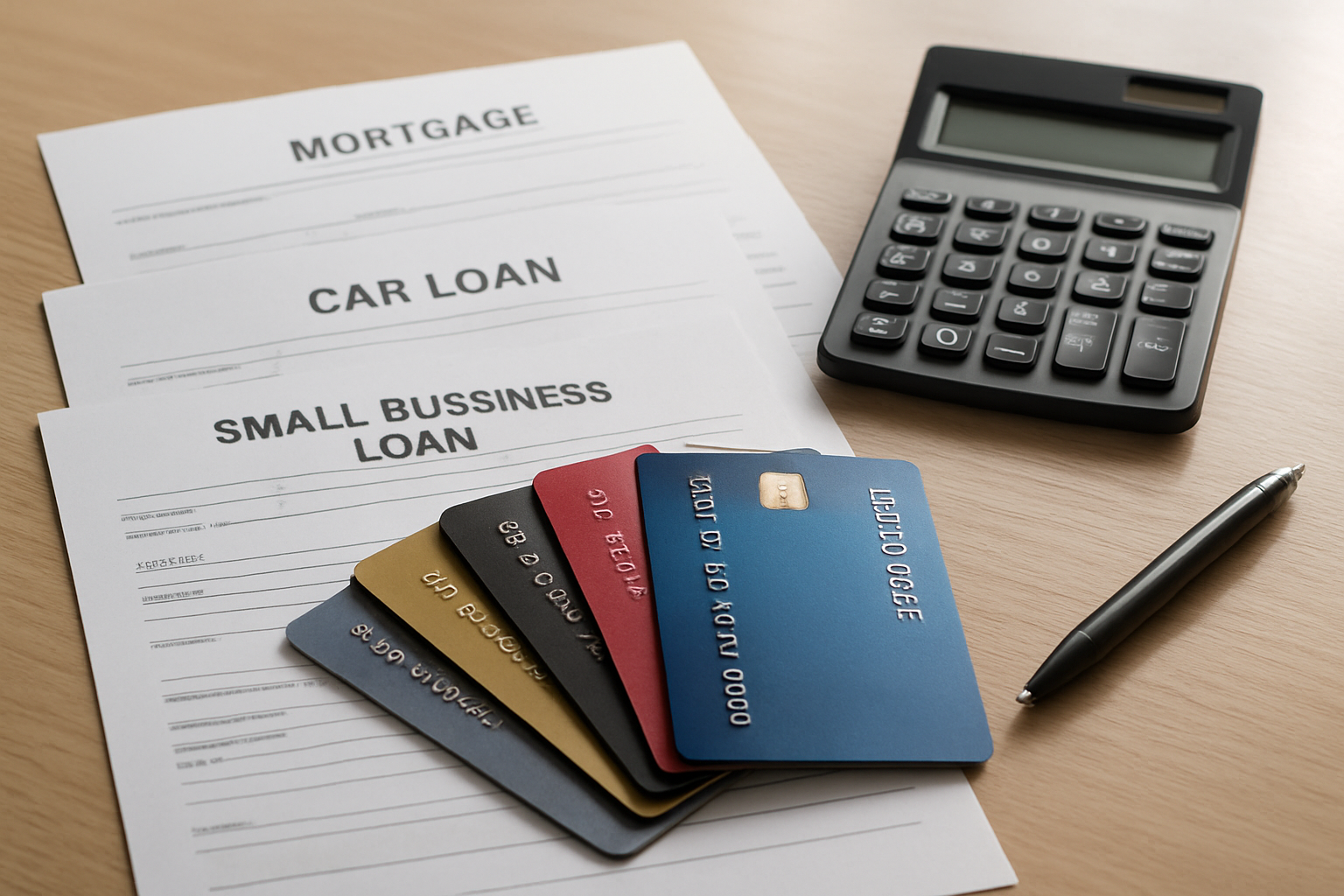 Create a realistic image of multiple credit cards of different types and brands fanned out on a clean wooden desk surface alongside a mortgage document, car loan paperwork, and a small business loan application, with a calculator and pen nearby, soft natural lighting from a window creating gentle shadows, professional and organized atmosphere suggesting financial planning and credit management. Absolutely NO text should be in the scene.