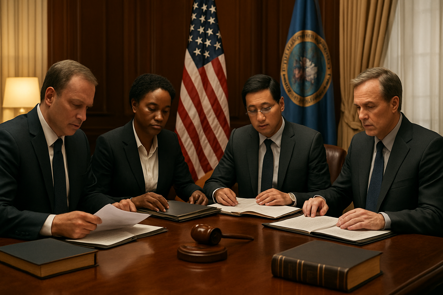 Create a realistic image of a formal government meeting room with a large polished wooden conference table, where diverse officials including white male, black female, and Asian male government representatives in dark business suits are seated reviewing legal documents and folders, with national flags displayed in the background, gavels and legal books scattered on the table, warm indoor lighting creating a serious bureaucratic atmosphere, conveying the gravity of legislative decision-making regarding controlled substances, absolutely NO text should be in the scene.