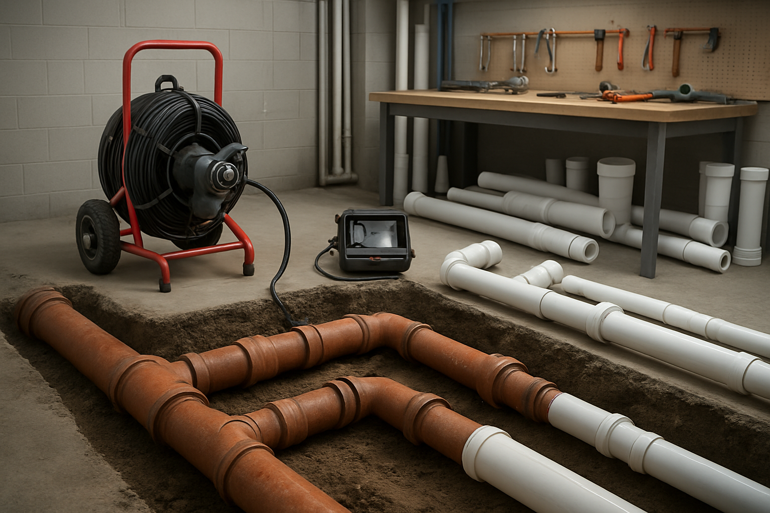 Create a realistic image of a professional plumbing scene showing drain and sewer pipe systems, featuring exposed underground sewer pipes with various fittings and connections, modern drain cleaning equipment including a pipe snake machine and inspection camera, PVC and cast iron pipes of different sizes arranged systematically, a clean organized plumbing workspace with tools like wrenches and pipe cutters on a workbench, good workshop lighting illuminating the technical setup, professional atmosphere suggesting expertise and comprehensive service capabilities, Absolutely NO text should be in the scene.