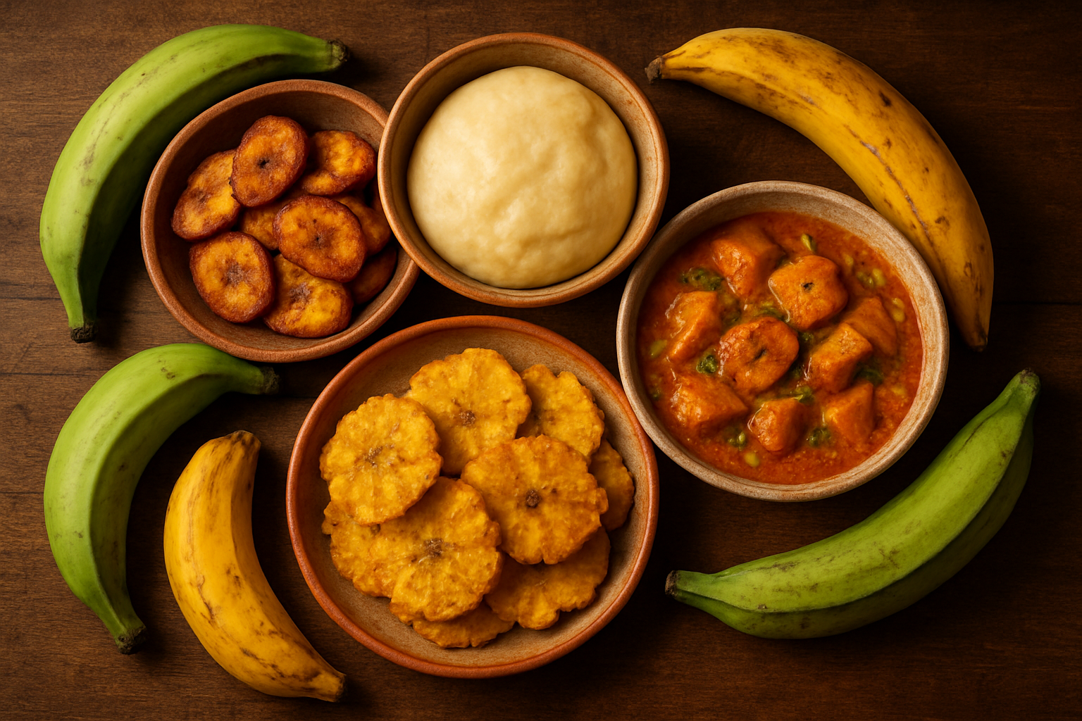 Create a realistic image of a diverse collection of traditional plantain dishes from different global cuisines arranged on a rustic wooden table, including Caribbean fried plantains (maduros), West African fufu with plantain, Latin American patacones, and Indian plantain curry, with whole green and yellow plantains scattered around the dishes, warm golden lighting creating an inviting atmosphere, rich textures and vibrant colors of the various prepared foods, Absolutely NO text should be in the scene.